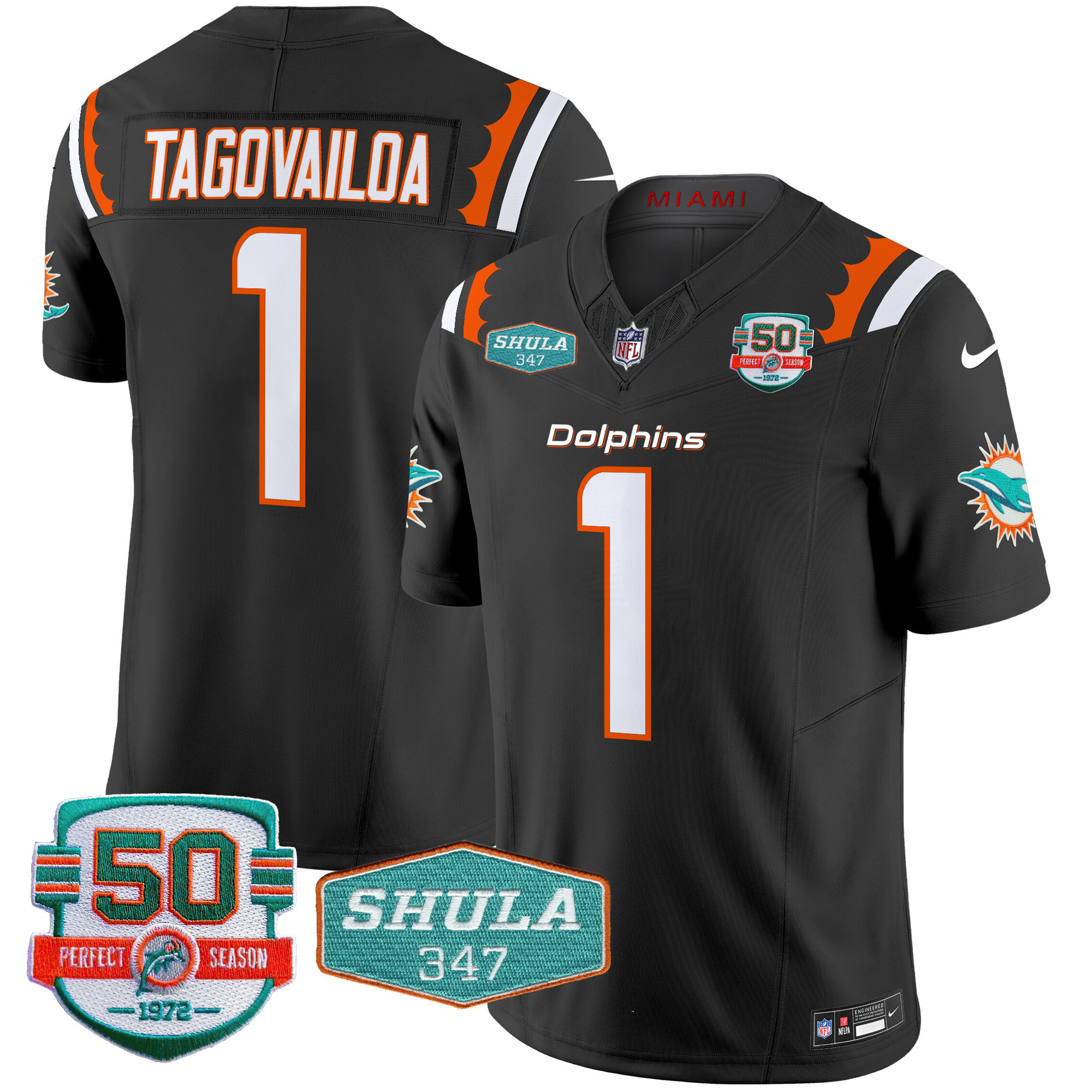 Tua Tagovailoa Men's Miami Dolphins 50th & Don Shula 347 Memorial Patch Vapor Limited Black Jersey - All Stitched