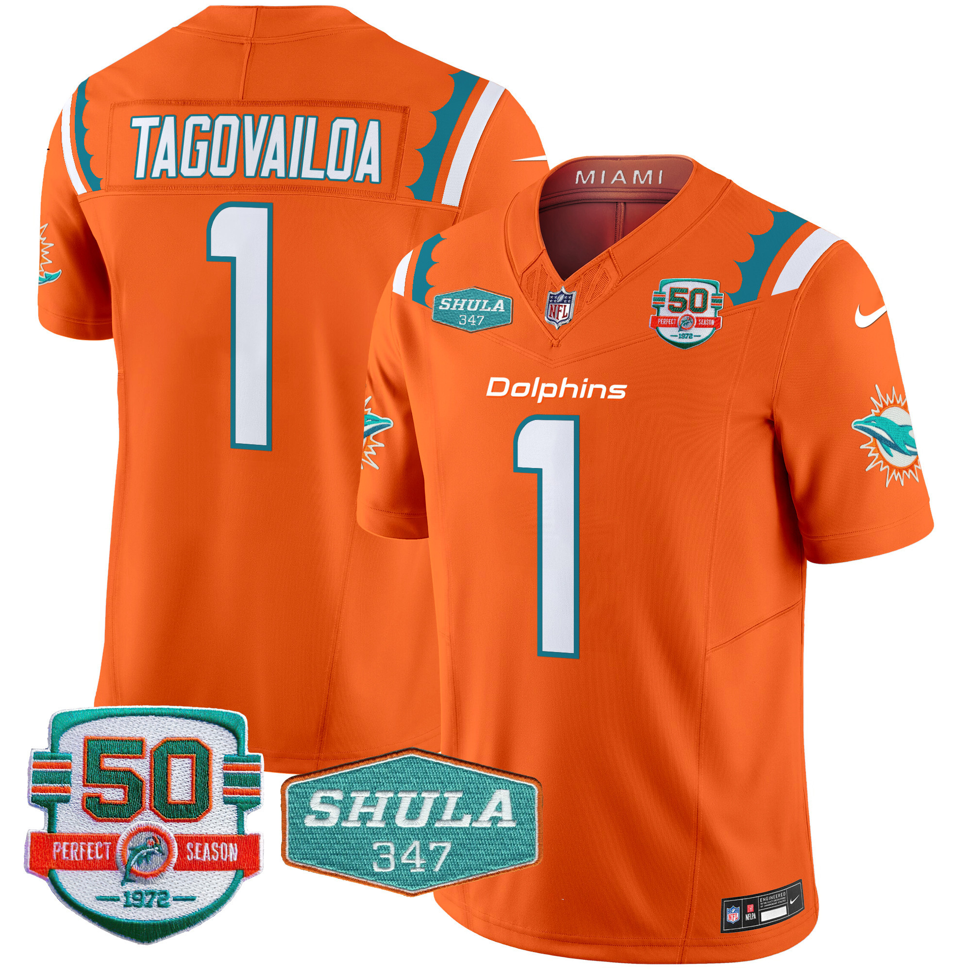 Tua Tagovailoa Men's Miami Dolphins 50th & Don Shula 347 Memorial Patch Vapor Limited Orange Jersey - All Stitched