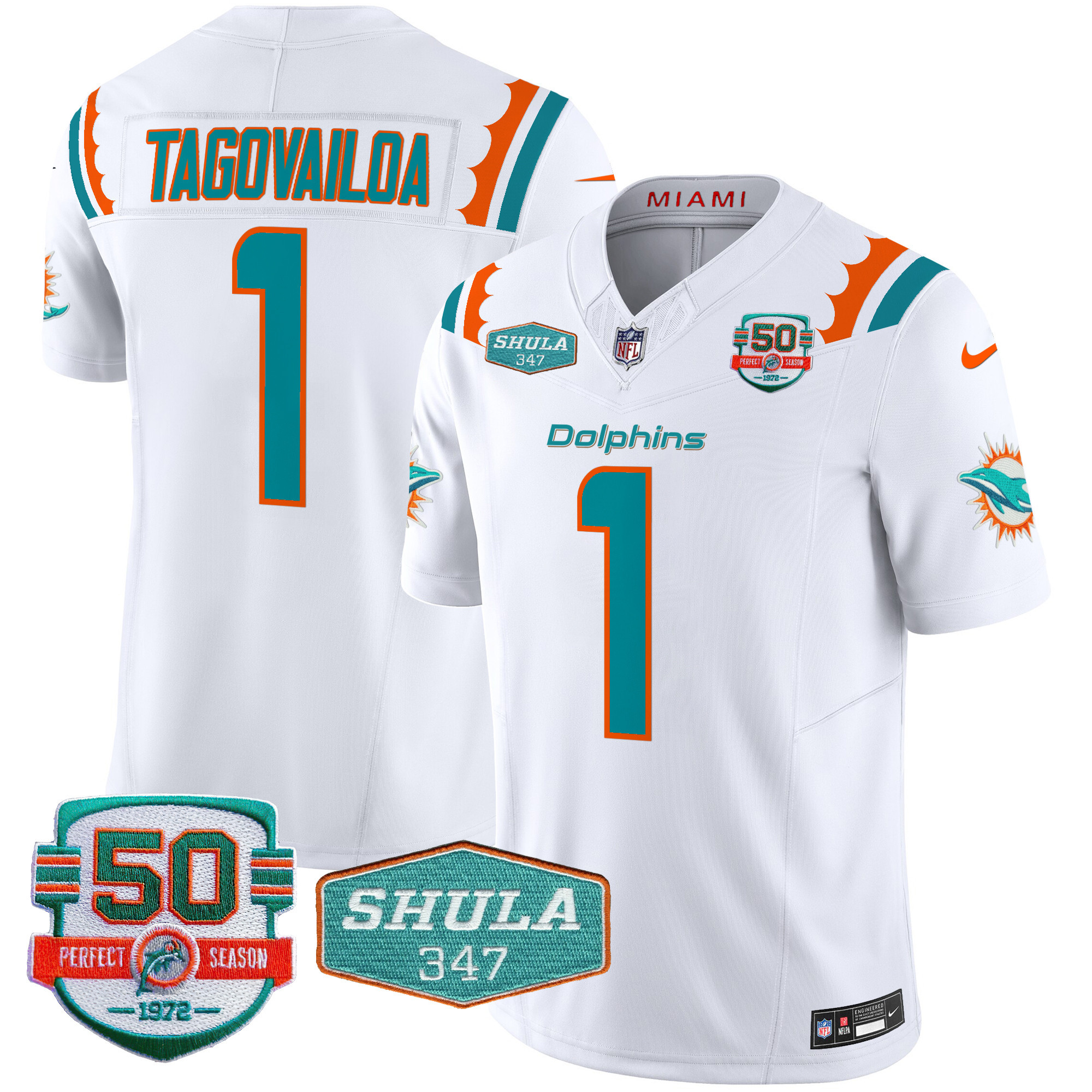Tua Tagovailoa Men's Miami Dolphins 50th & Don Shula 347 Memorial Patch Vapor Limited White Jersey - All Stitched