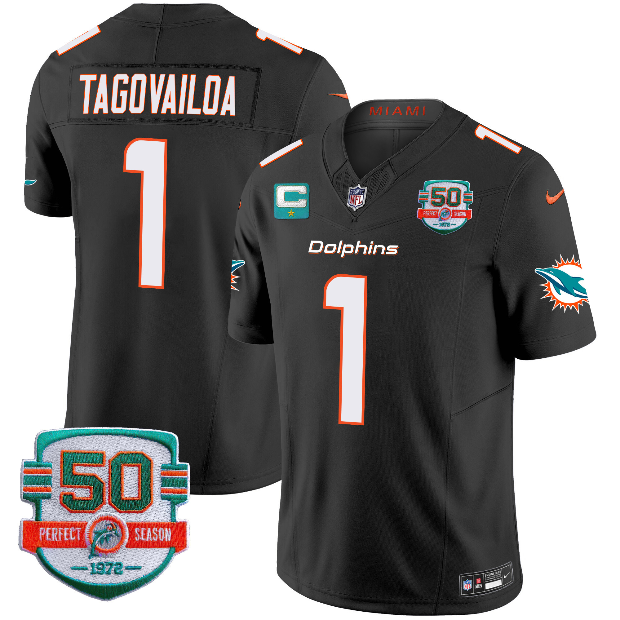 Tua Tagovailoa Men's Miami Dolphins 50th 1972 Perfect Season Patch Vapor Black Jersey - All Stitched