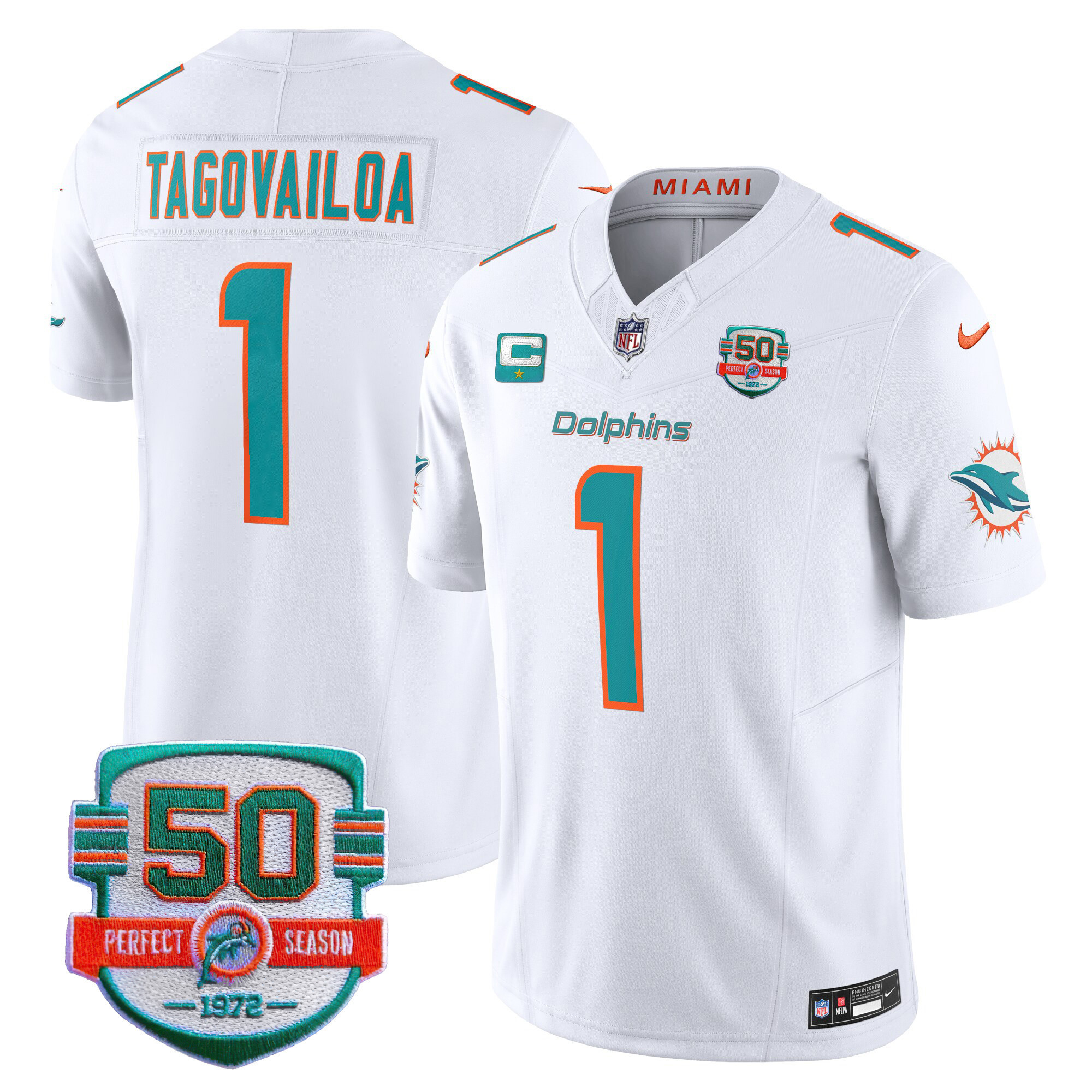 Tua Tagovailoa Men's Miami Dolphins 50th 1972 Perfect Season Patch Vapor White Jersey - All Stitched