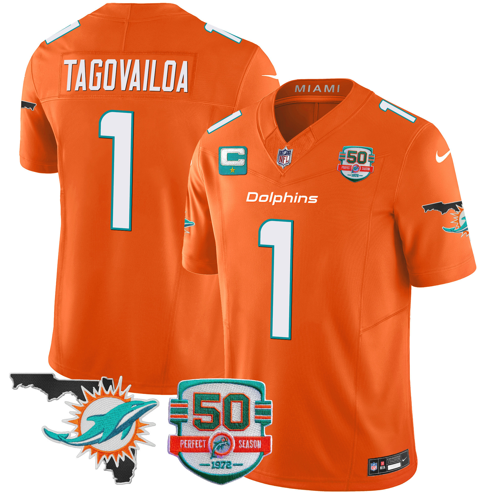 Tua Tagovailoa Men's Miami Dolphins 50th Perfect Season & Florida Patch Vapor Orange Jersey - All Stitched