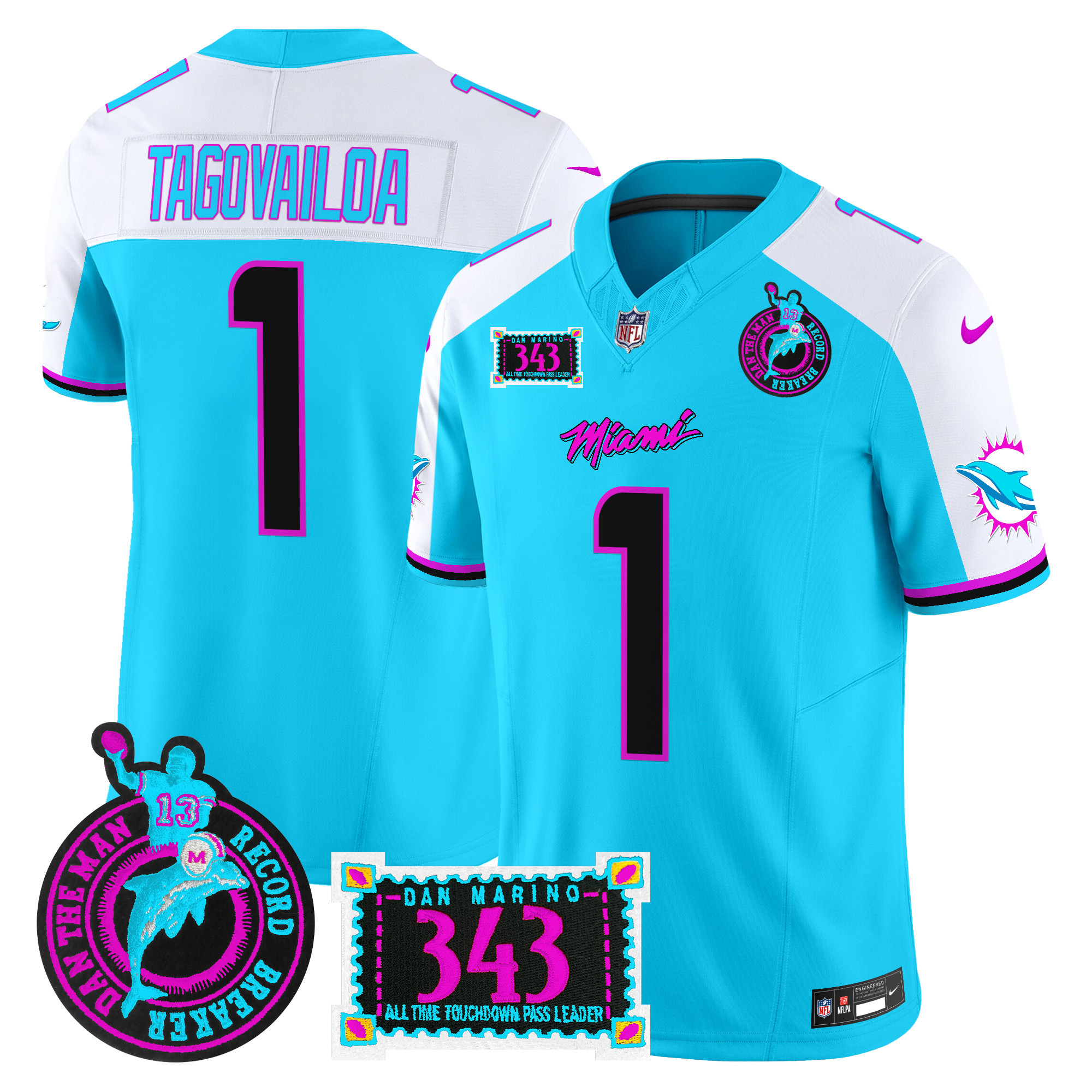 Tua Tagovailoa Men's Miami Dolphins "Dan the Man Record Breaker" Patch Vapor Limited Aqua Alternate Jersey - All Stitched