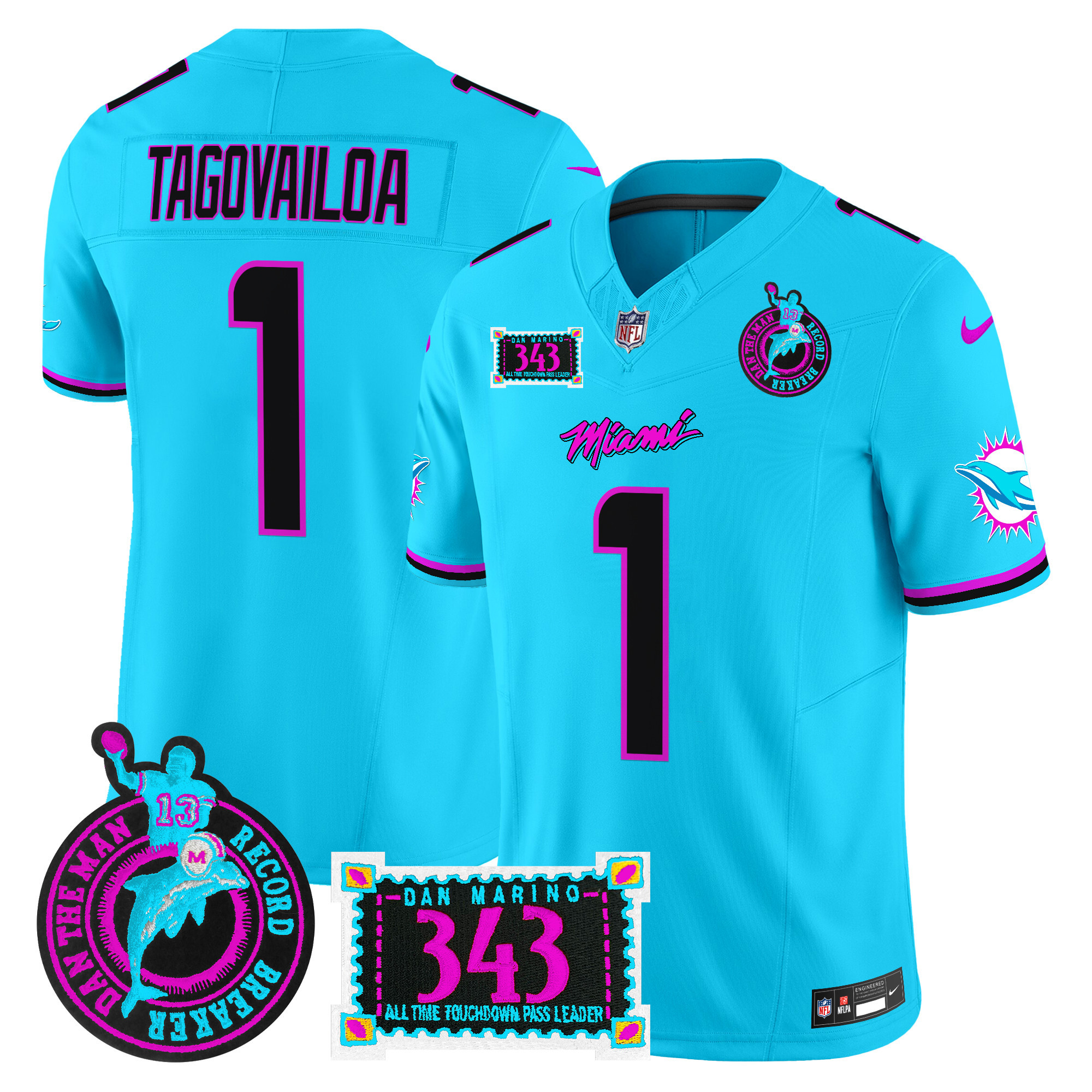 Tua Tagovailoa Men's Miami Dolphins "Dan the Man Record Breaker" Patch Vapor Limited Aqua Jersey - All Stitched