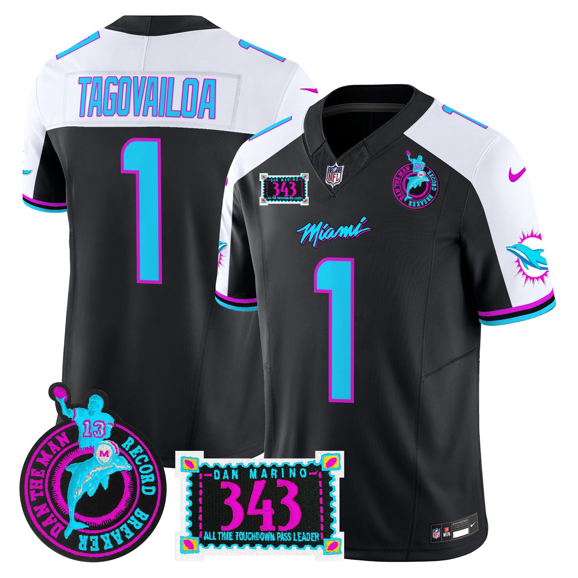 Tua Tagovailoa Men's Miami Dolphins "Dan the Man Record Breaker" Patch Vapor Limited Black Alternate Jersey - All Stitched