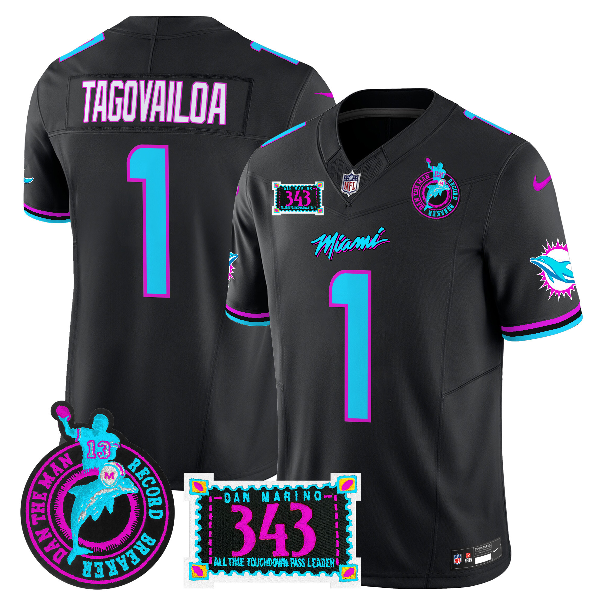 Tua Tagovailoa Men's Miami Dolphins "Dan the Man Record Breaker" Patch Vapor Limited Black Jersey - All Stitched