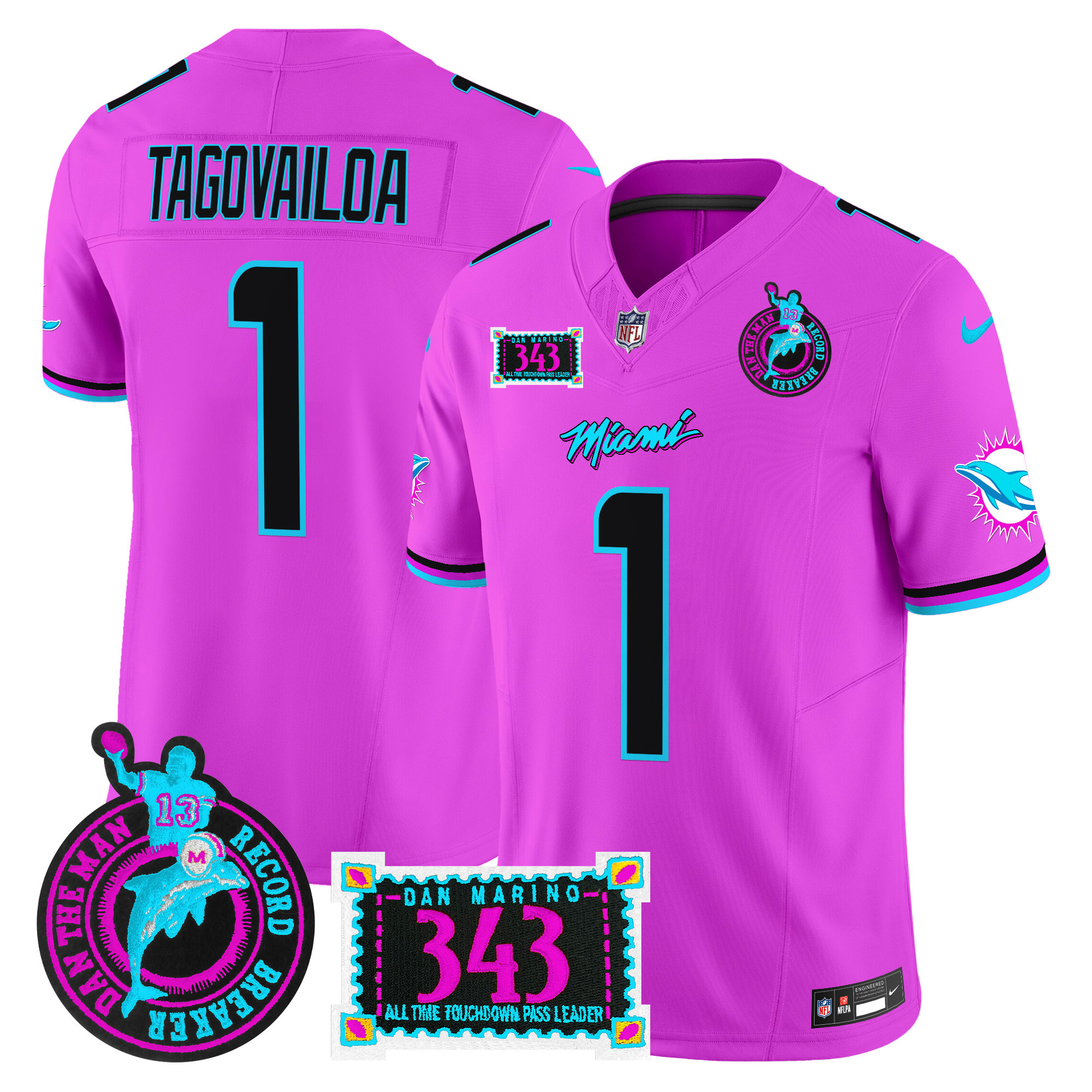 Tua Tagovailoa Men's Miami Dolphins "Dan the Man Record Breaker" Patch Vapor Limited Pink Jersey - All Stitched
