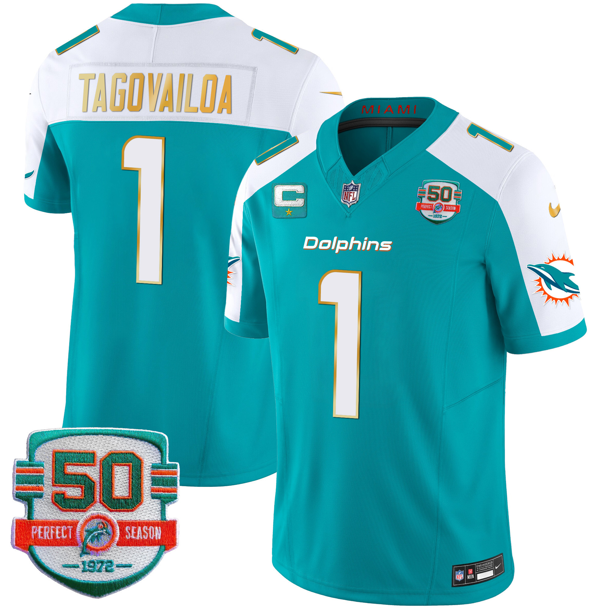 Tua Tagovailoa Men's Miami Dolphins Gold Trim Vapor Limited Aqua Alternate Jersey - All Stitched