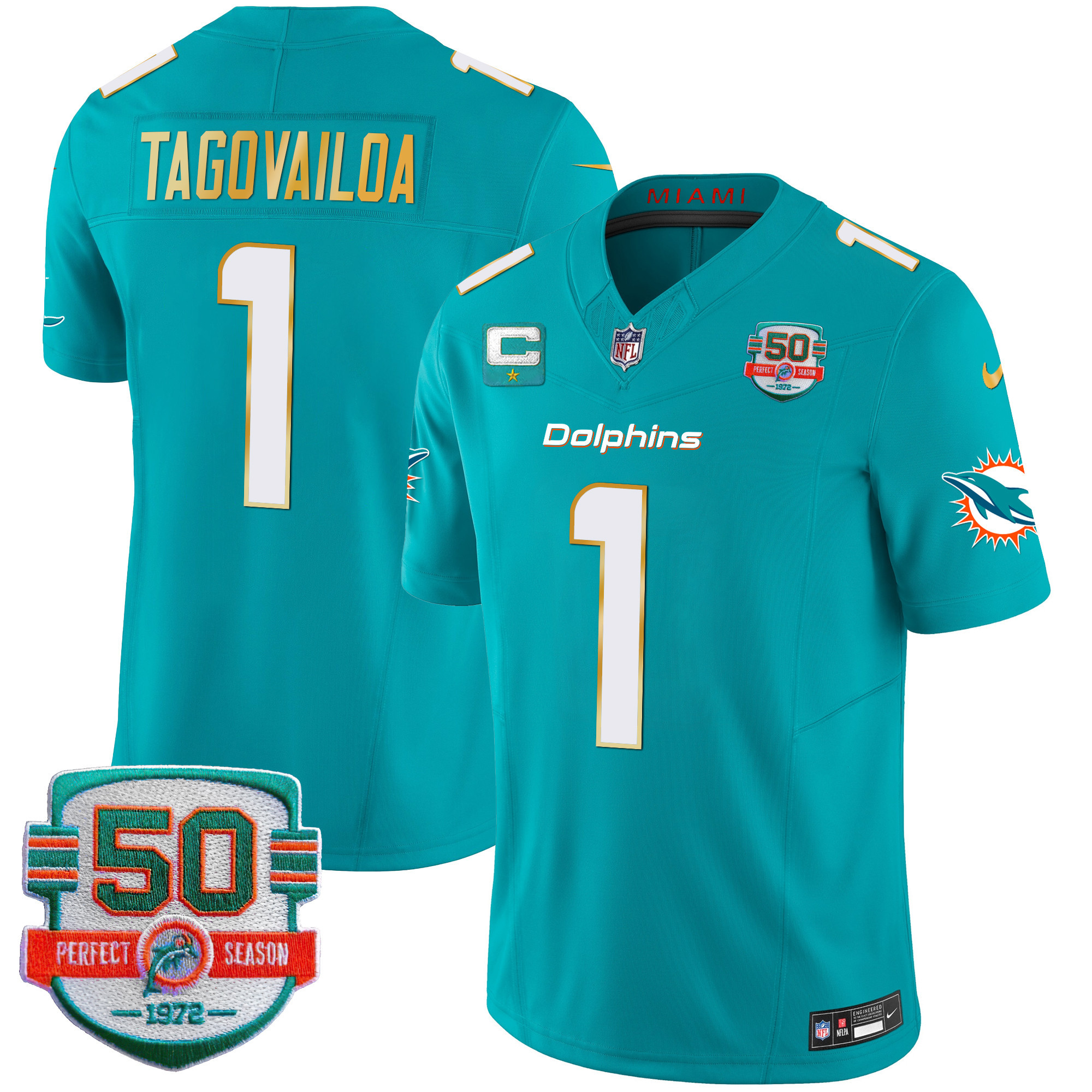 Tua Tagovailoa Men's Miami Dolphins Gold Trim Vapor Limited Aqua Jersey - All Stitched