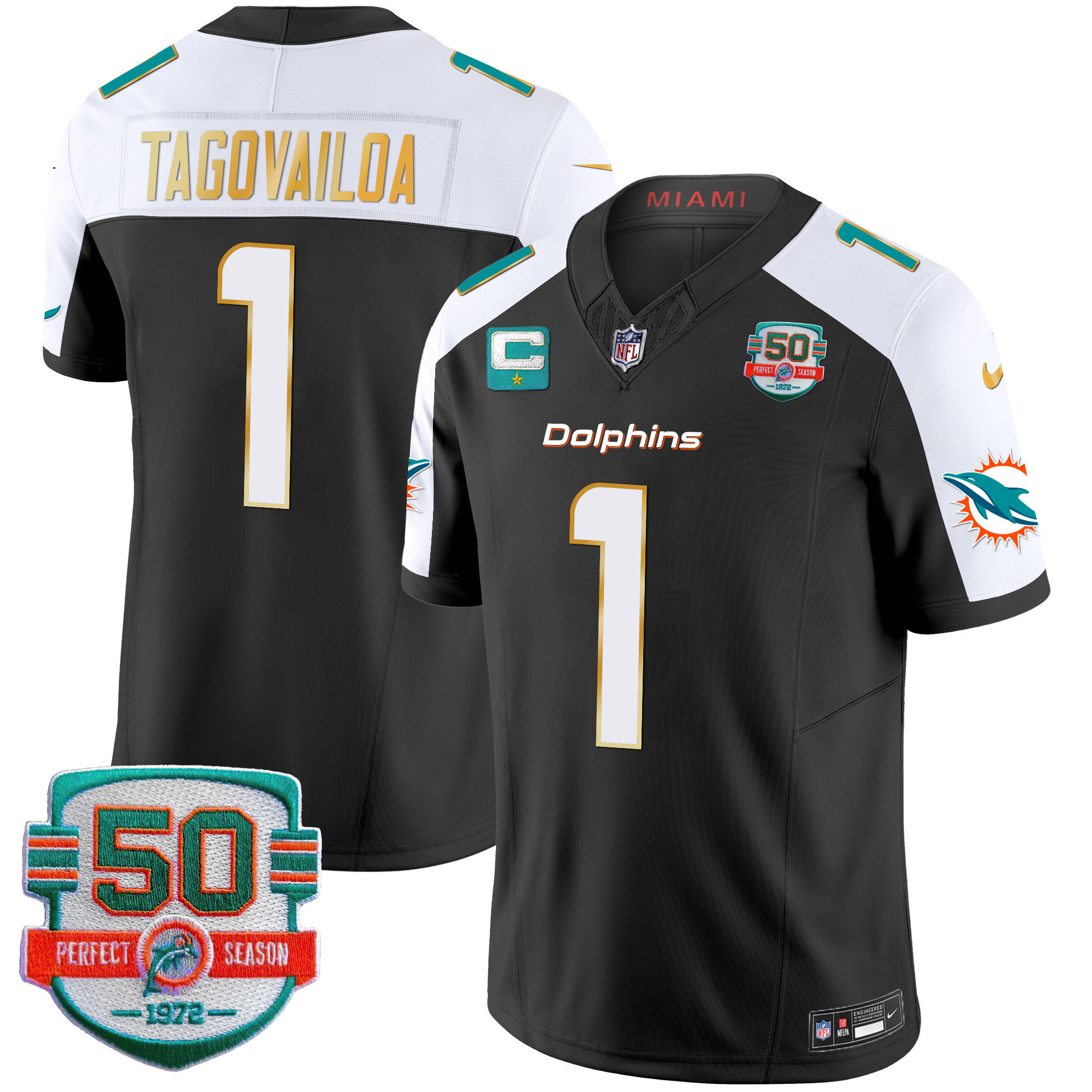 Tua Tagovailoa Men's Miami Dolphins Gold Trim Vapor Limited Black Alternate Jersey - All Stitched