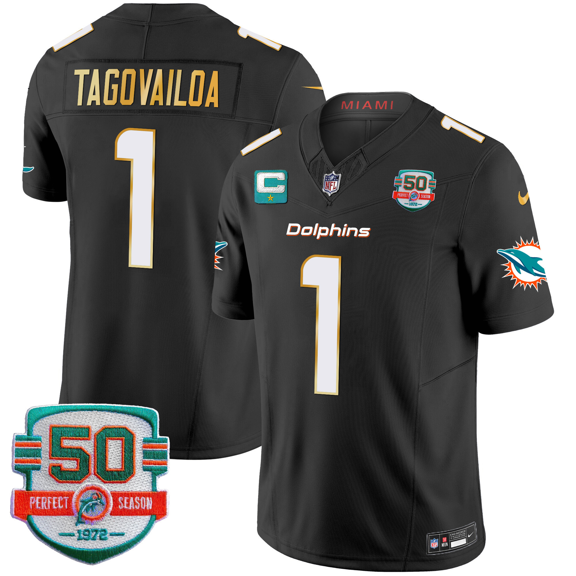 Tua Tagovailoa Men's Miami Dolphins Gold Trim Vapor Limited Black Jersey - All Stitched