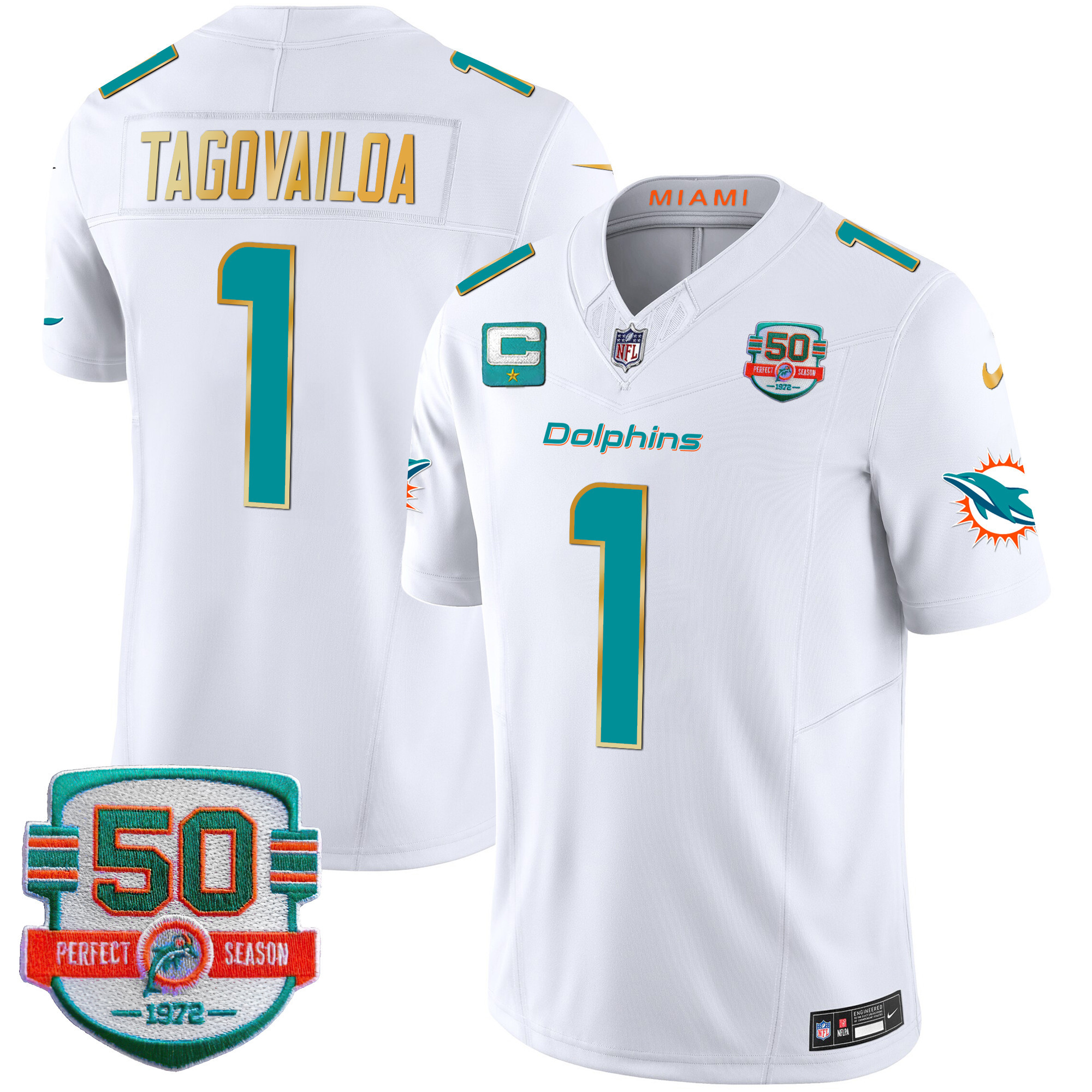 Tua Tagovailoa Men's Miami Dolphins Gold Trim Vapor Limited White Jersey - All Stitched