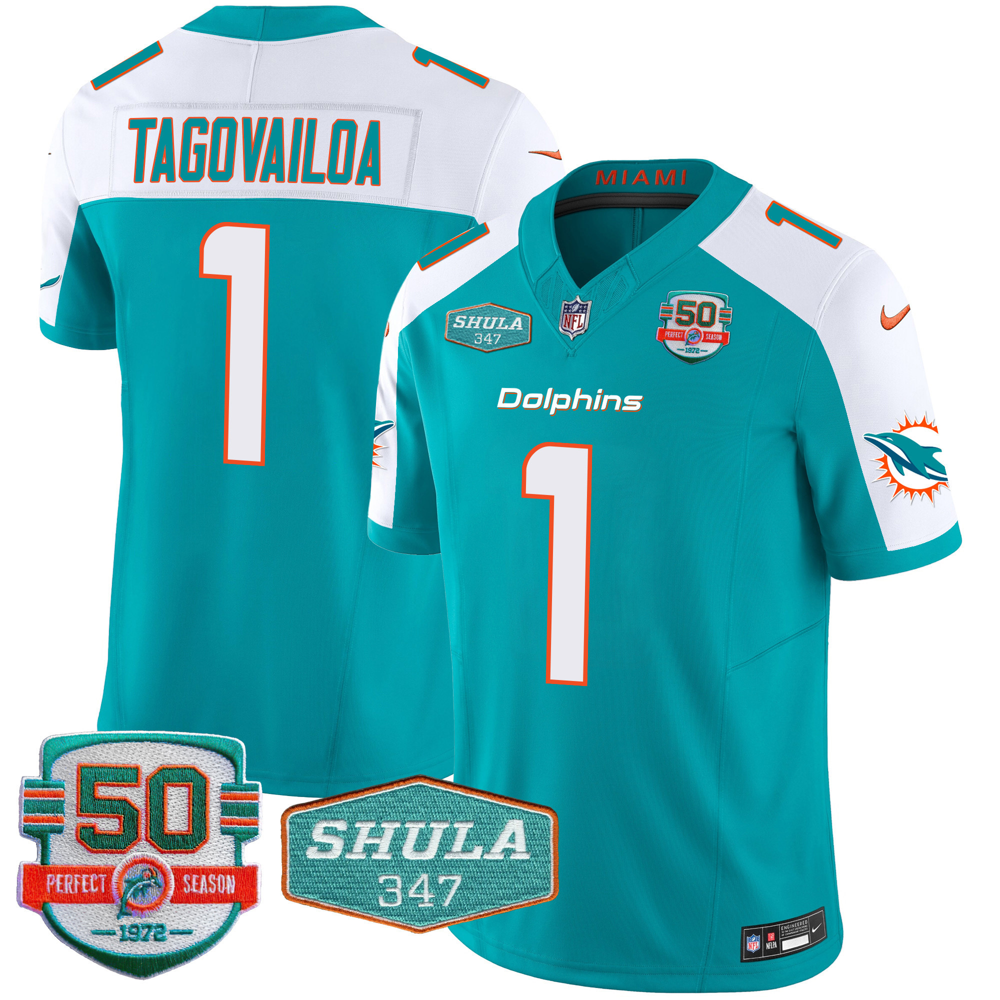 Tua Tagovailoa Men's Miami Dolphins Shula 347 Patch Vapor Aqua Alternate Jersey - All Stitched
