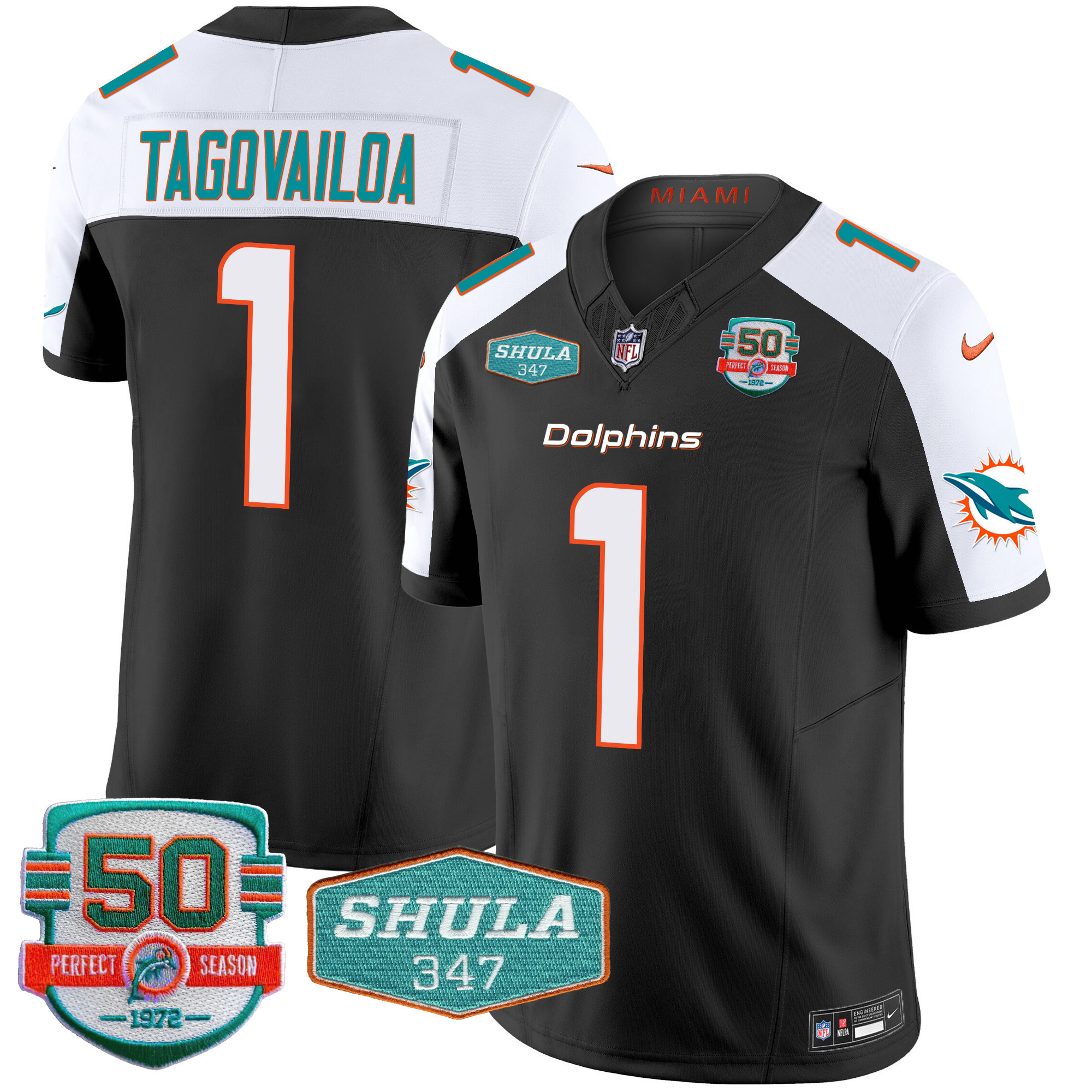 Tua Tagovailoa Men's Miami Dolphins Shula 347 Patch Vapor Black Alternate Jersey - All Stitched