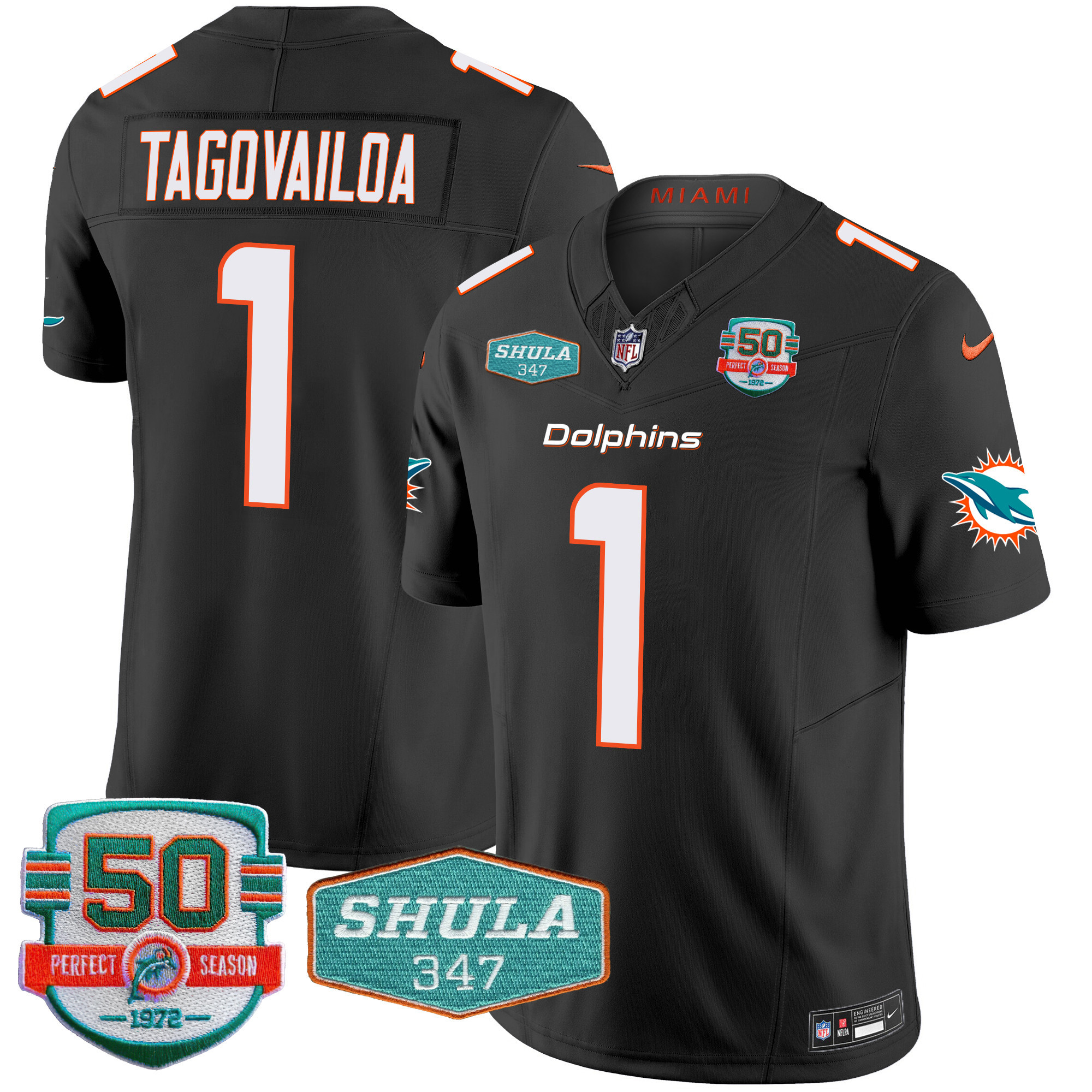 Tua Tagovailoa Men's Miami Dolphins Shula 347 Patch Vapor Black Jersey - All Stitched