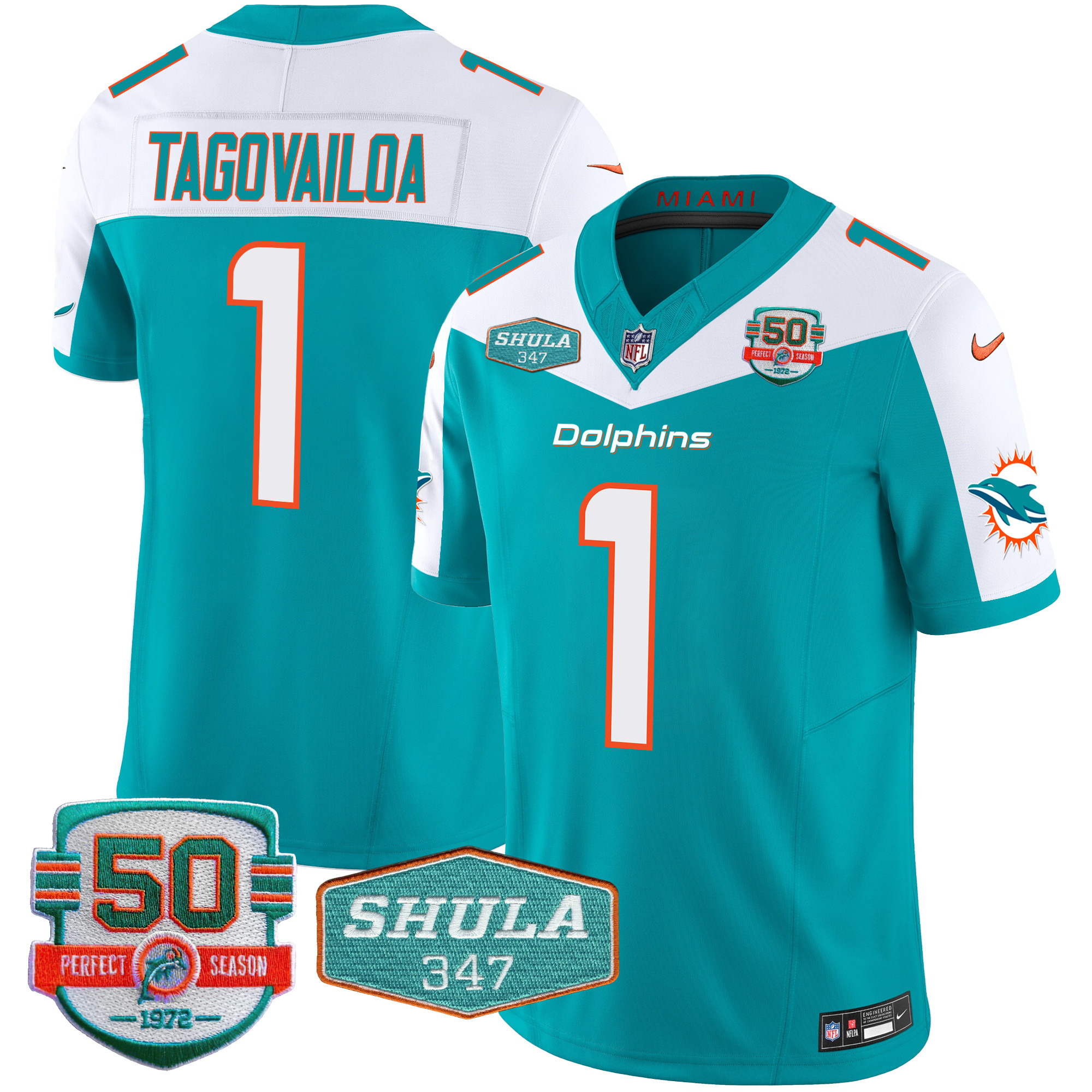 Tua Tagovailoa Men's Miami Dolphins Shula 347 Patch Vapor Limited Aqua Alternate Jersey - All Stitched