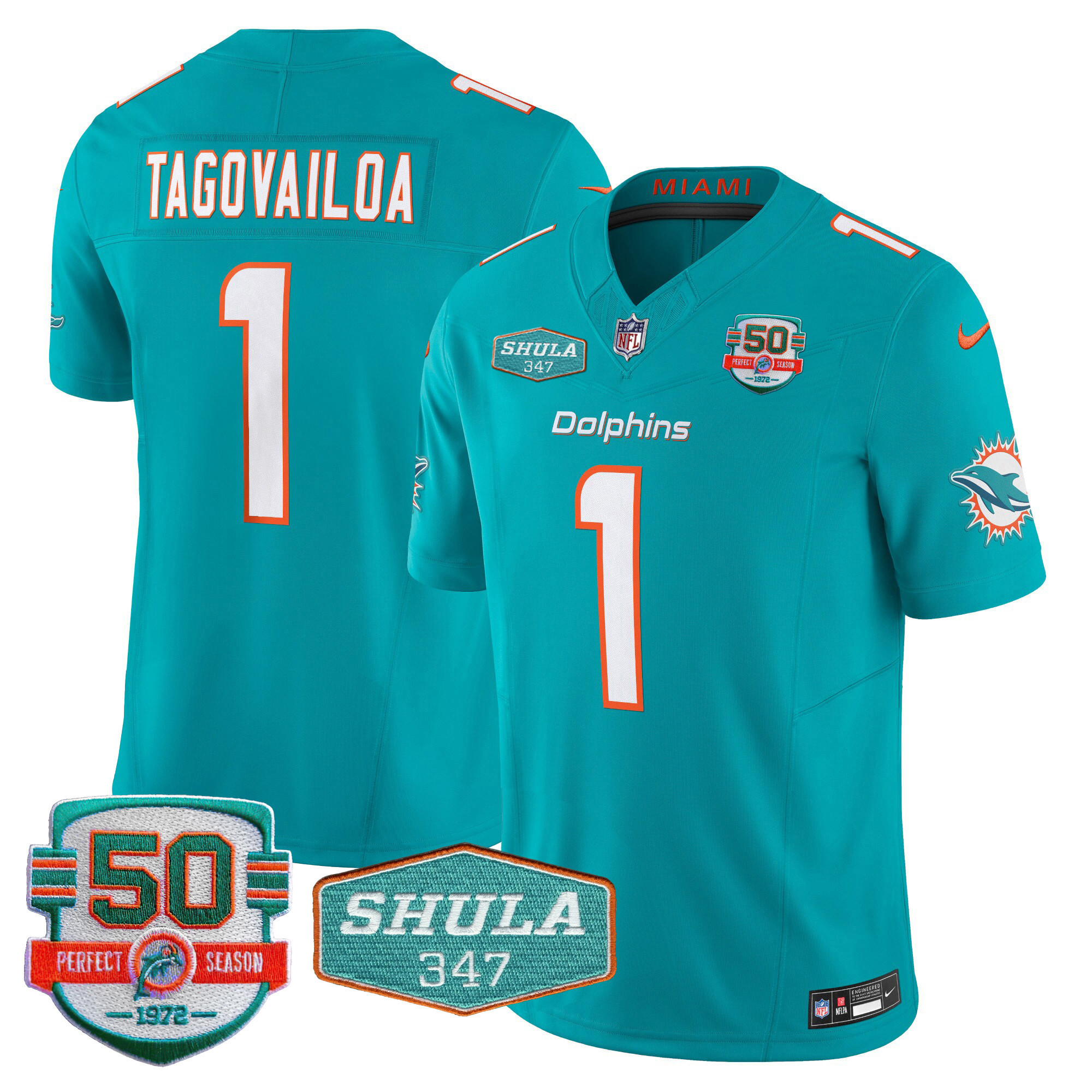 Tua Tagovailoa Men's Miami Dolphins Shula 347 Patch Vapor Limited Aqua Jersey - All Stitched