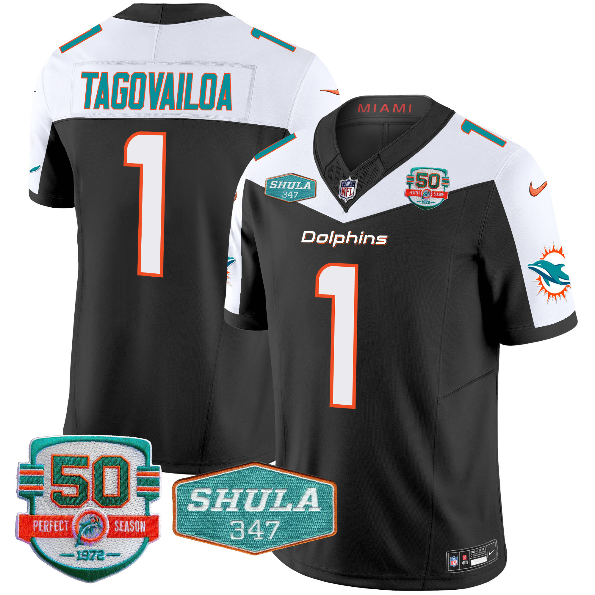 Tua Tagovailoa Men's Miami Dolphins Shula 347 Patch Vapor Limited Black Alternate Jersey - All Stitched