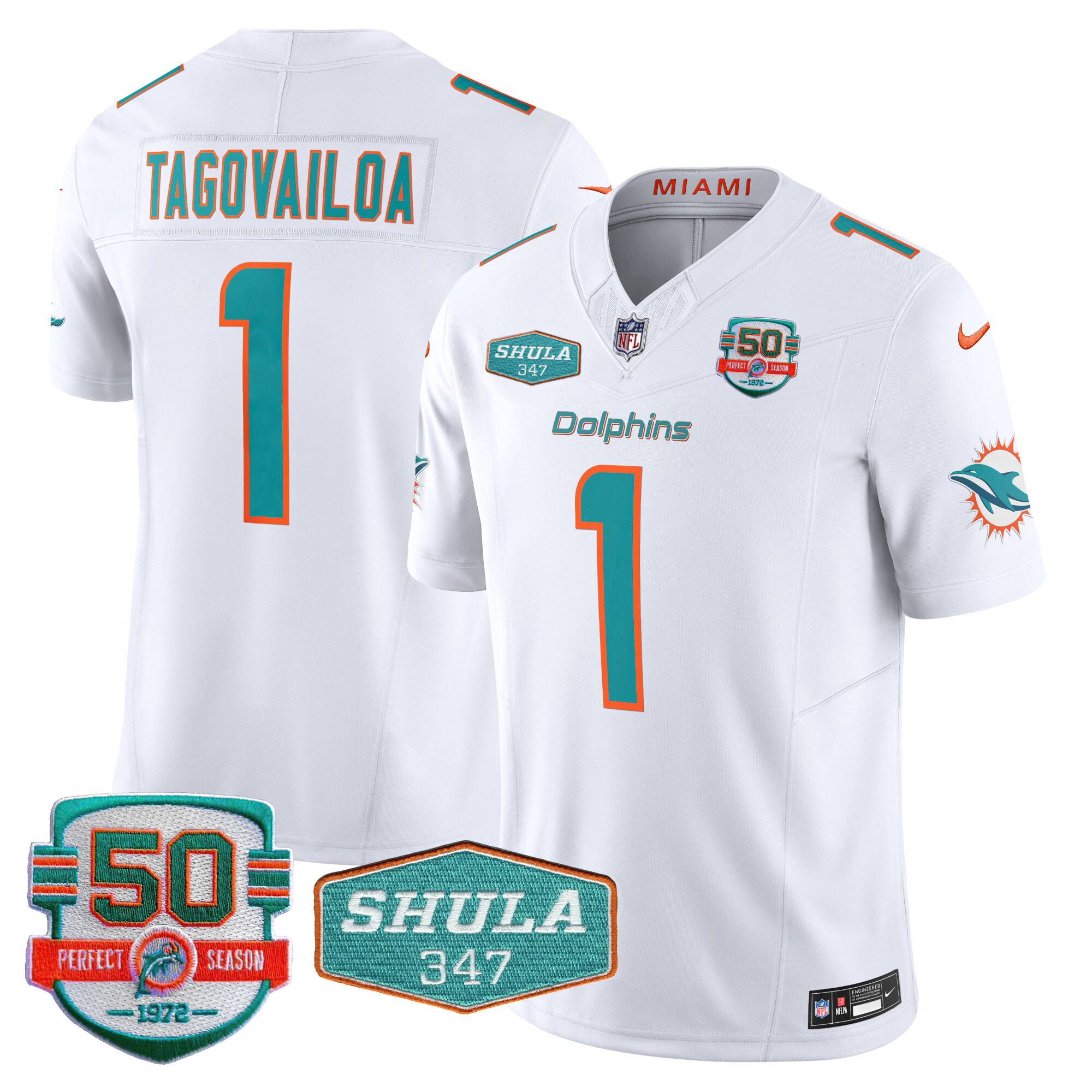 Tua Tagovailoa Men's Miami Dolphins Shula 347 Patch Vapor White Jersey - All Stitched