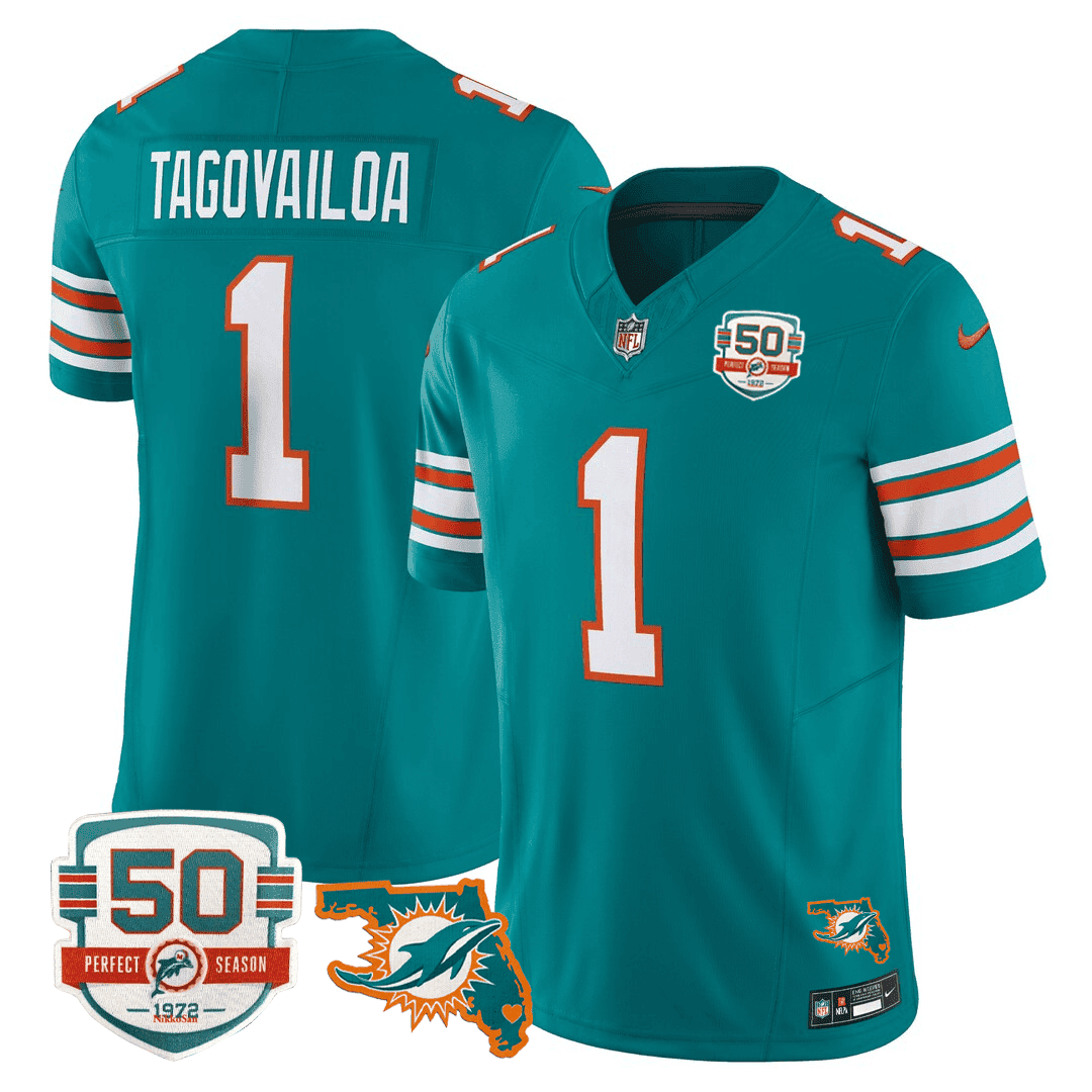 Tua Tagovailoa Men's Miami DolphinsThrowback 50th Perfect Season & Florida Patch Vapor Jersey Aqua Jersey - All Stitched