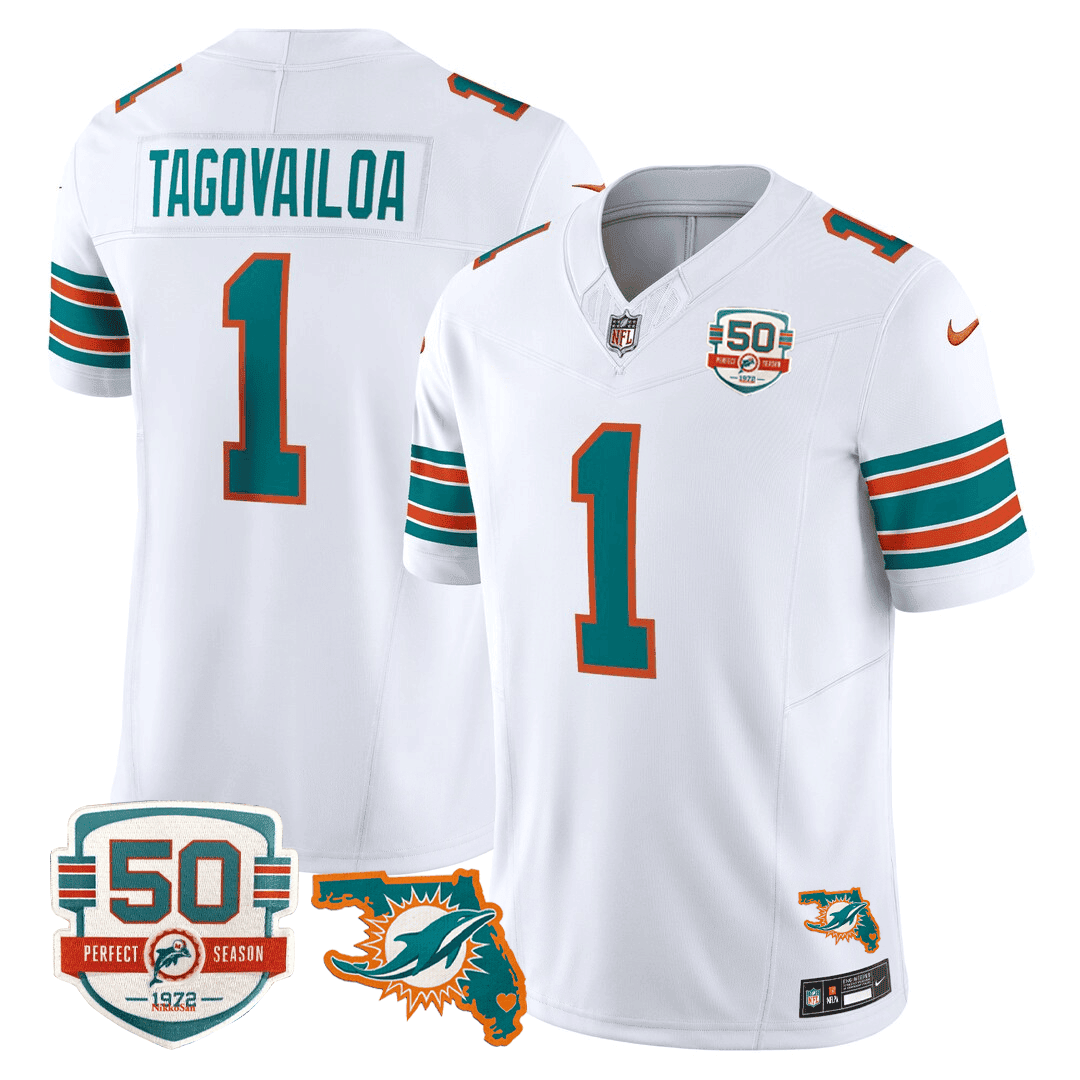 Tua Tagovailoa Men's Miami DolphinsThrowback 50th Perfect Season & Florida Patch Vapor Jersey White Jersey - All Stitched