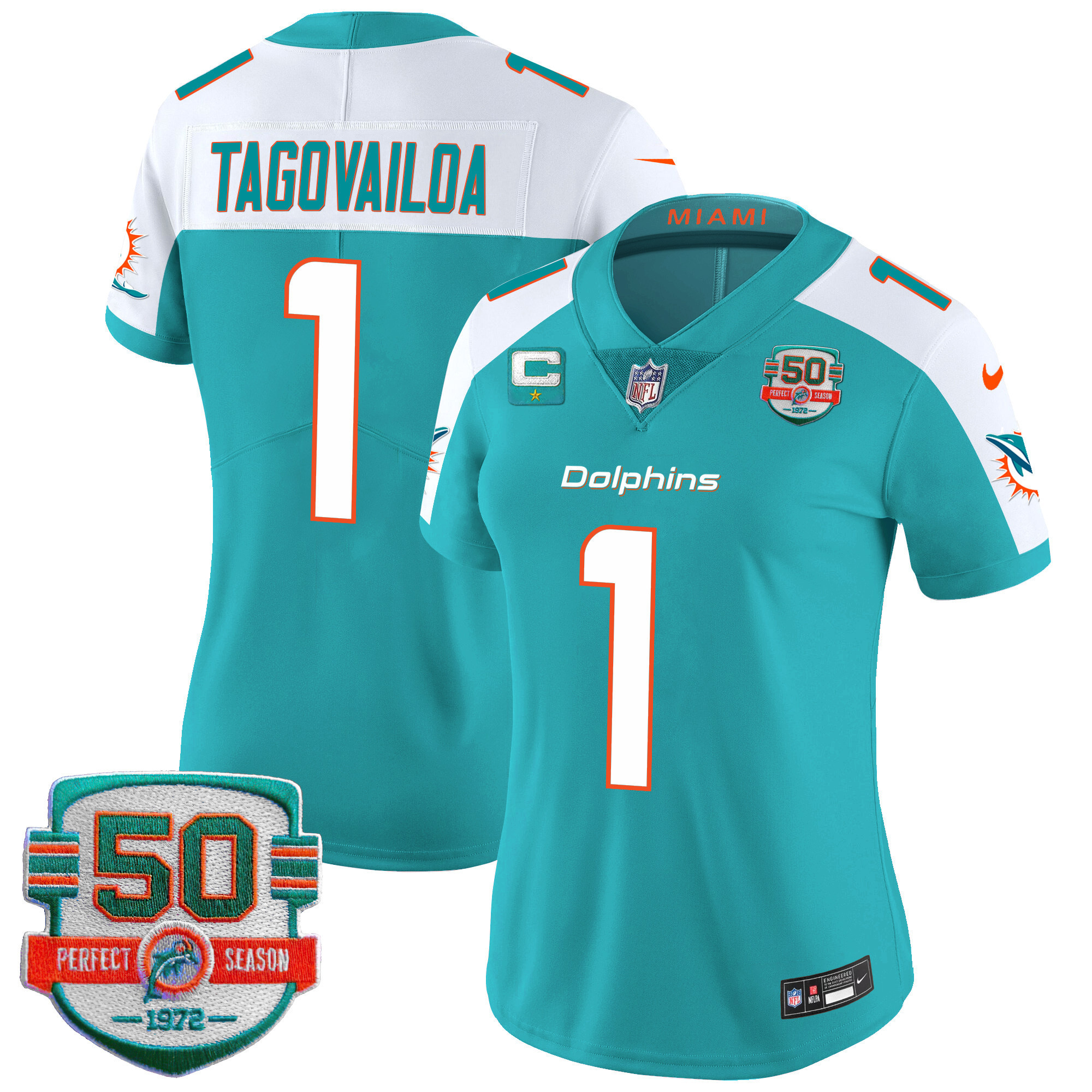 Tua Tagovailoa Women's Miami Dolphins 50th 1972 Perfect Season Patch Vapor Aqua Alternate Jersey - All Stitched