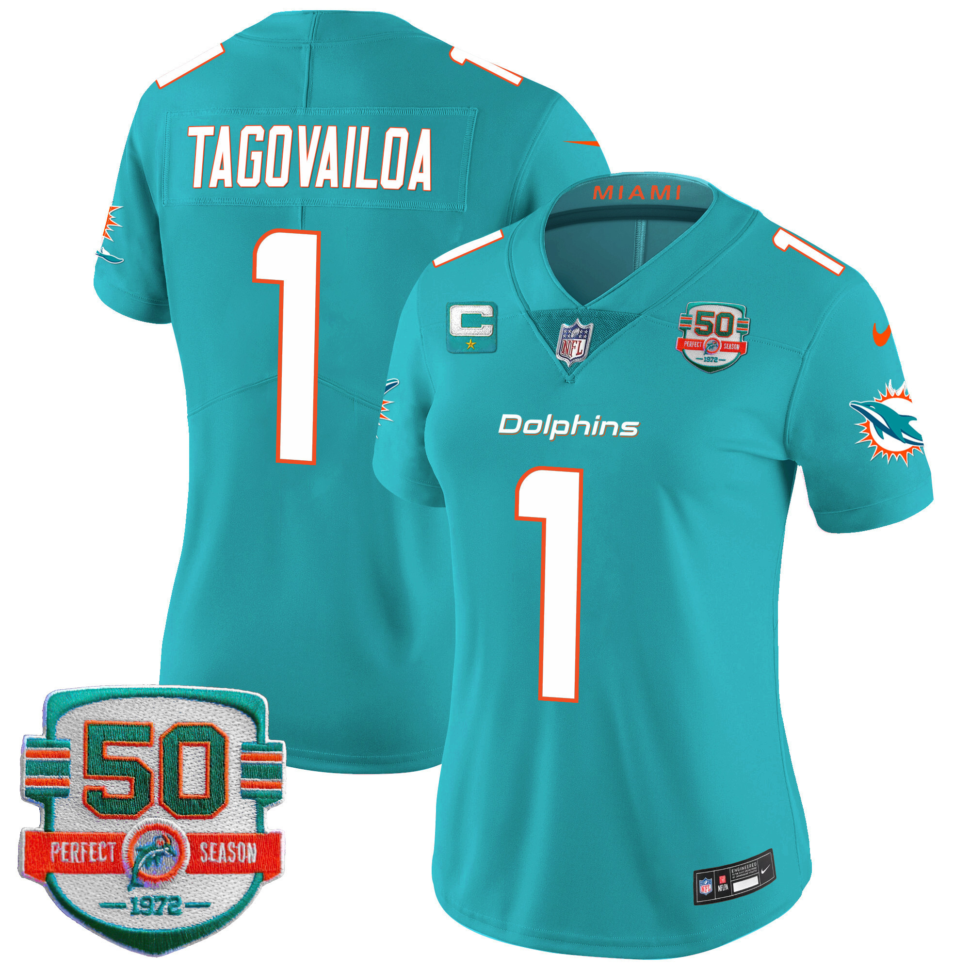 Tua Tagovailoa Women's Miami Dolphins 50th 1972 Perfect Season Patch Vapor Aqua Jersey - All Stitched