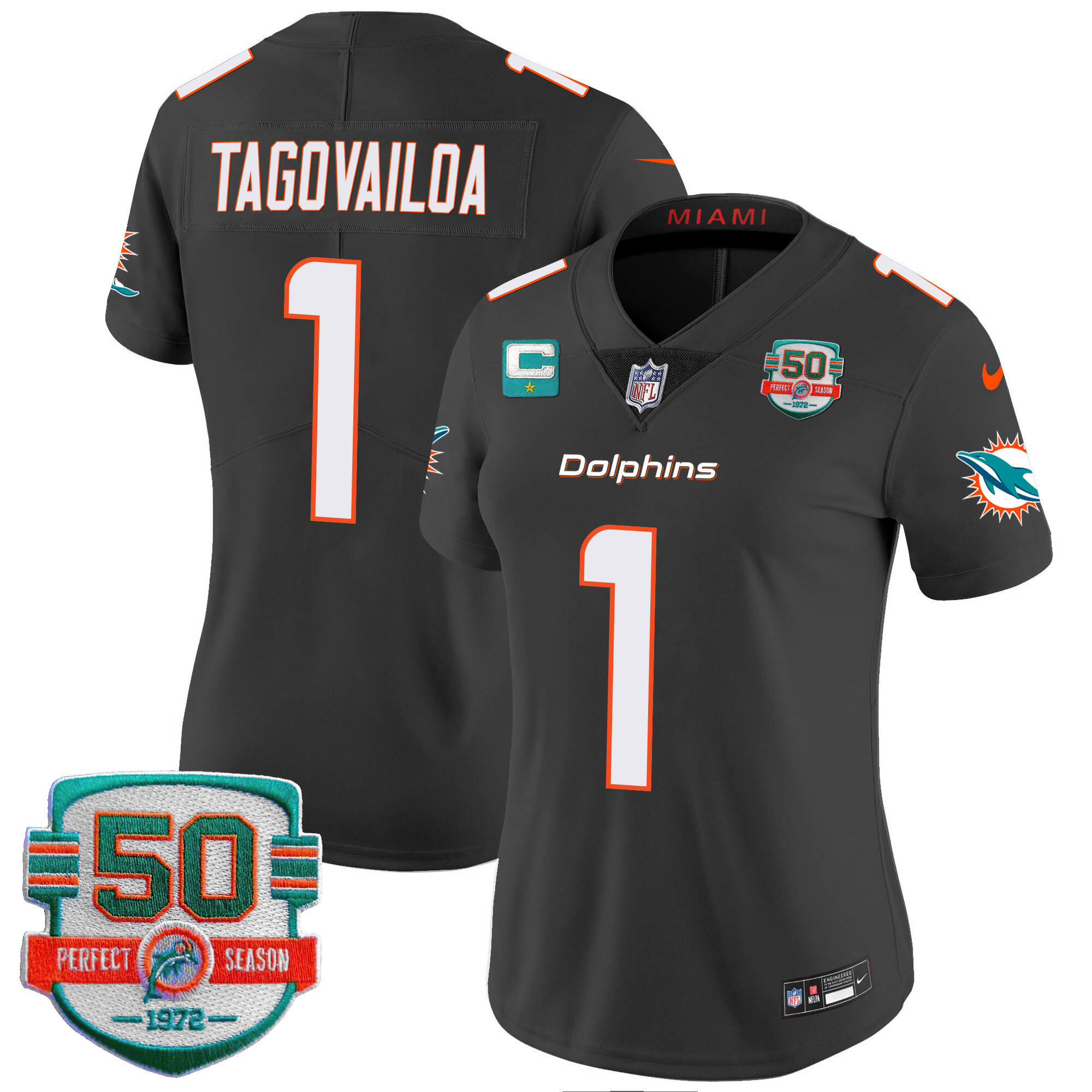 Tua Tagovailoa Women's Miami Dolphins 50th 1972 Perfect Season Patch Vapor Black Jersey - All Stitched