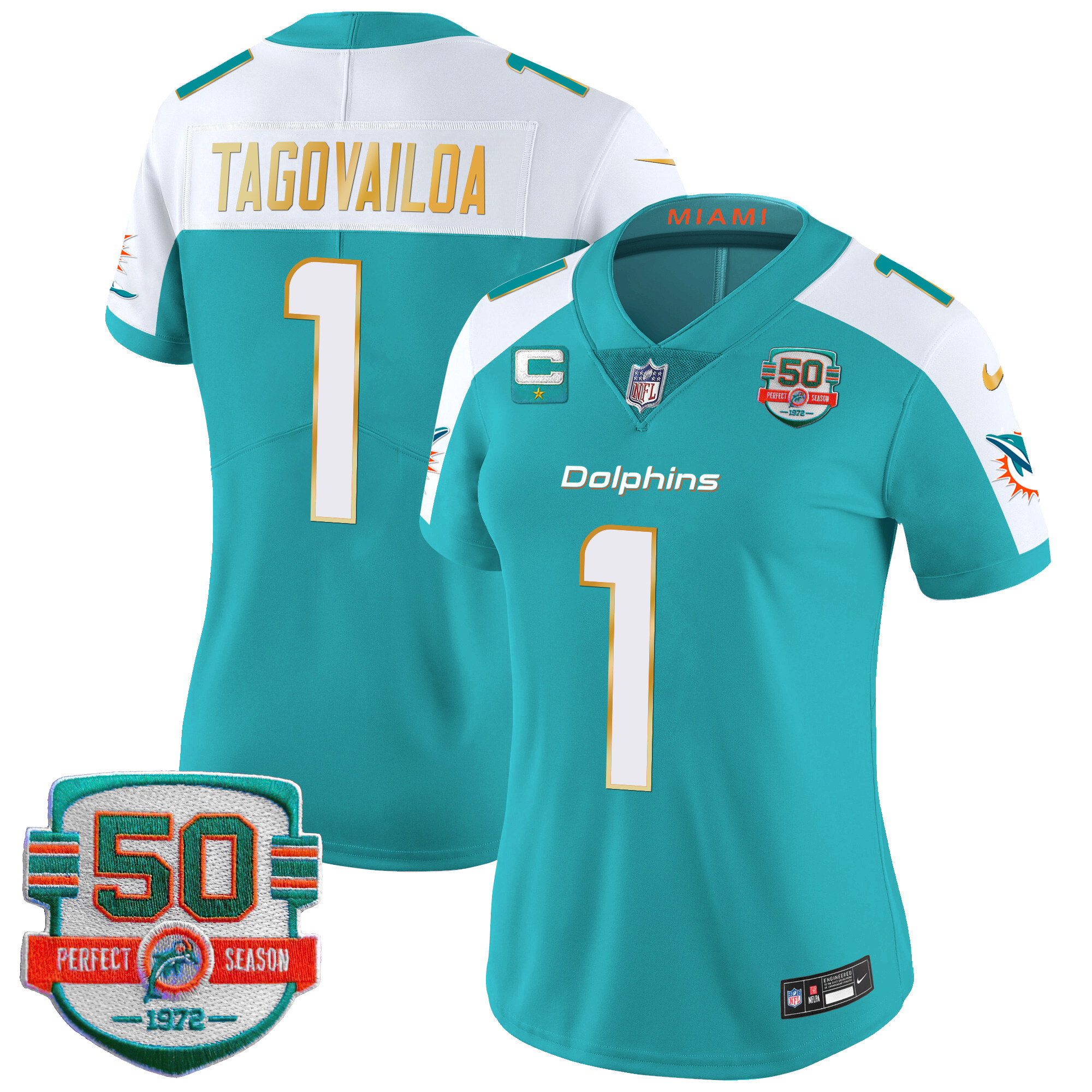 Tua Tagovailoa Women's Miami Dolphins Gold Trim Vapor Limited Aqua Alternate Jersey - All Stitched