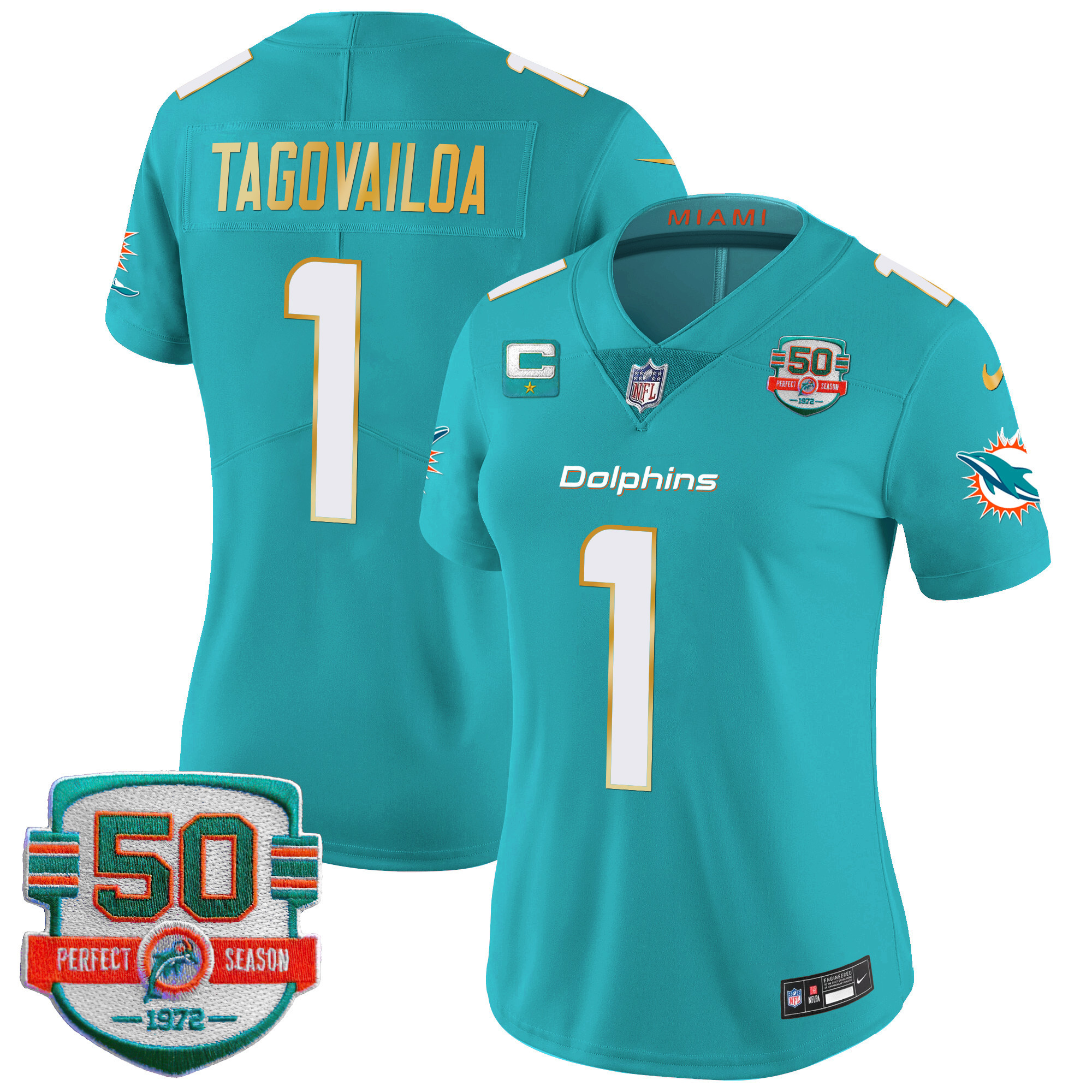 Tua Tagovailoa Women's Miami Dolphins Gold Trim Vapor Limited Aqua Jersey - All Stitched