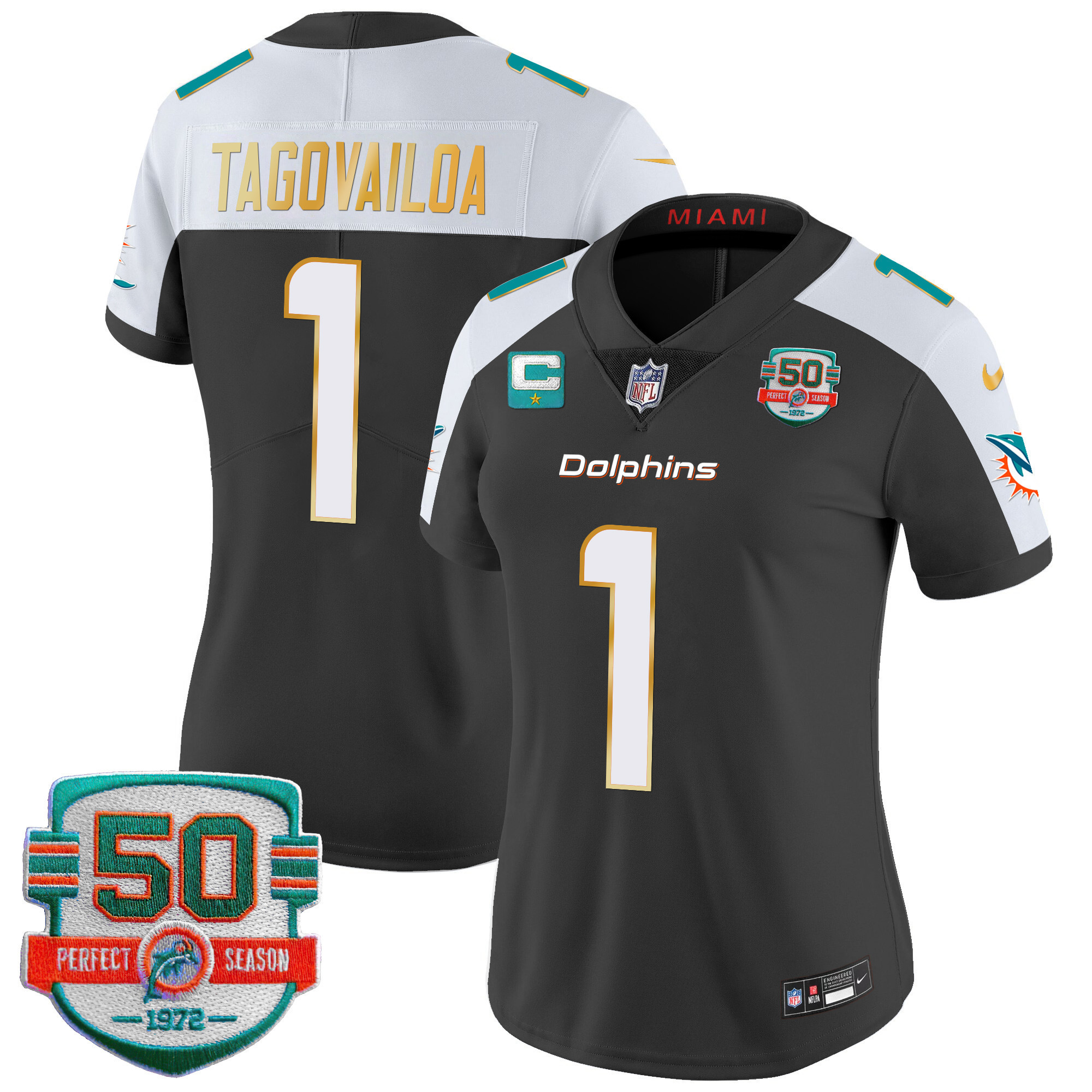 Tua Tagovailoa Women's Miami Dolphins Gold Trim Vapor Limited Black Alternate Jersey - All Stitched