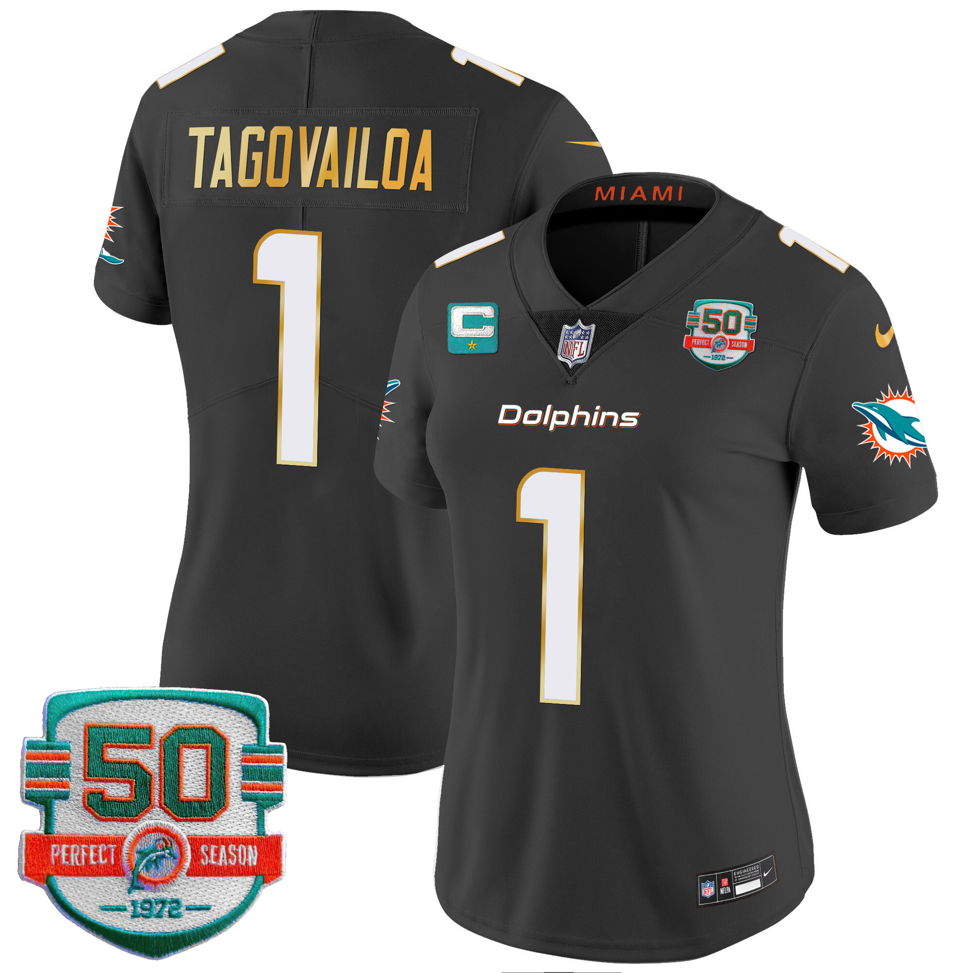 Tua Tagovailoa Women's Miami Dolphins Gold Trim Vapor Limited Black Jersey - All Stitched