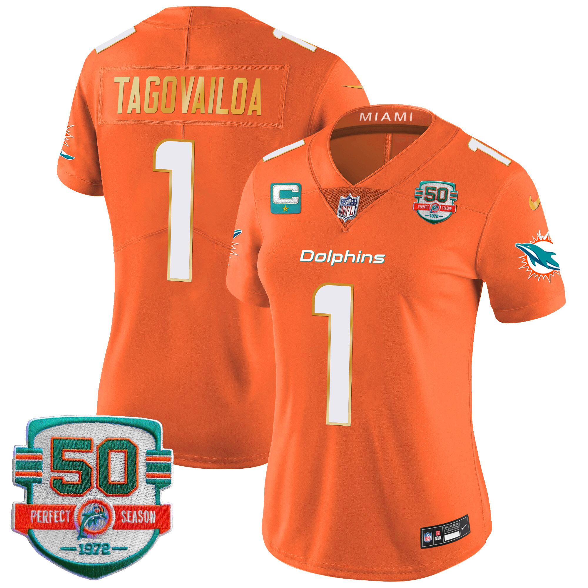 Tua Tagovailoa Women's Miami Dolphins Gold Trim Vapor Limited Orange Jersey - All Stitched