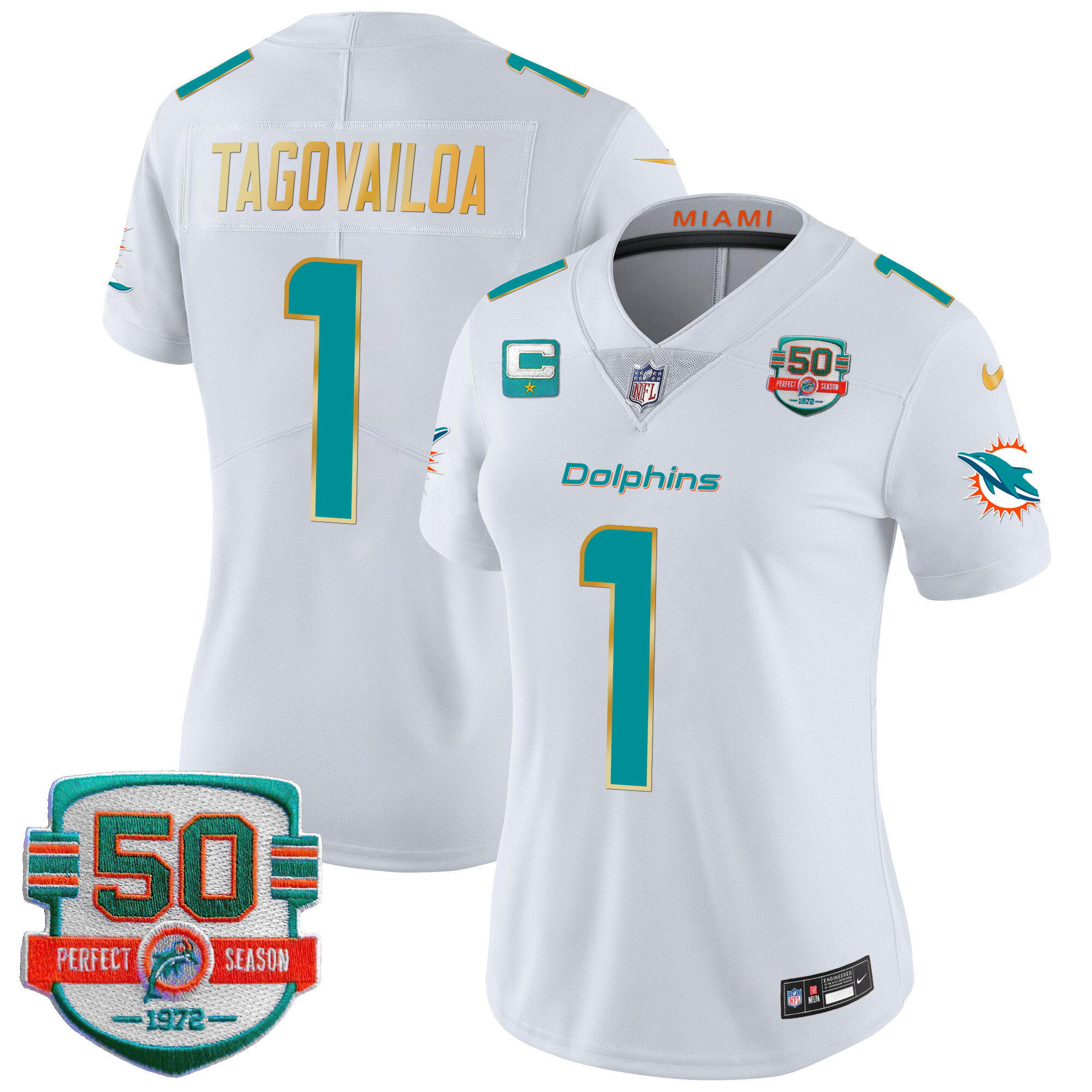 Tua Tagovailoa Women's Miami Dolphins Gold Trim Vapor Limited White Jersey - All Stitched