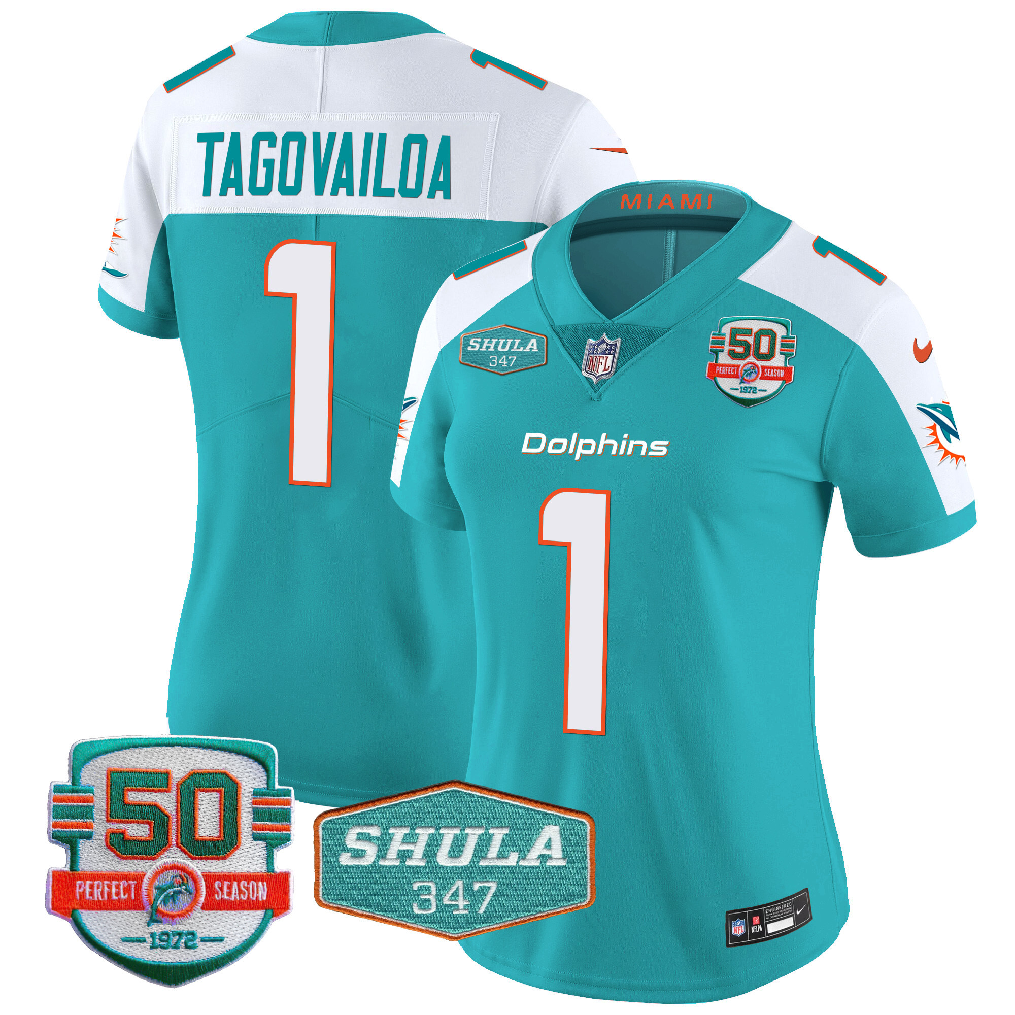 Tua Tagovailoa Women's Miami Dolphins Shula 347 Patch Vapor Aqua Alternate Jersey - All Stitched
