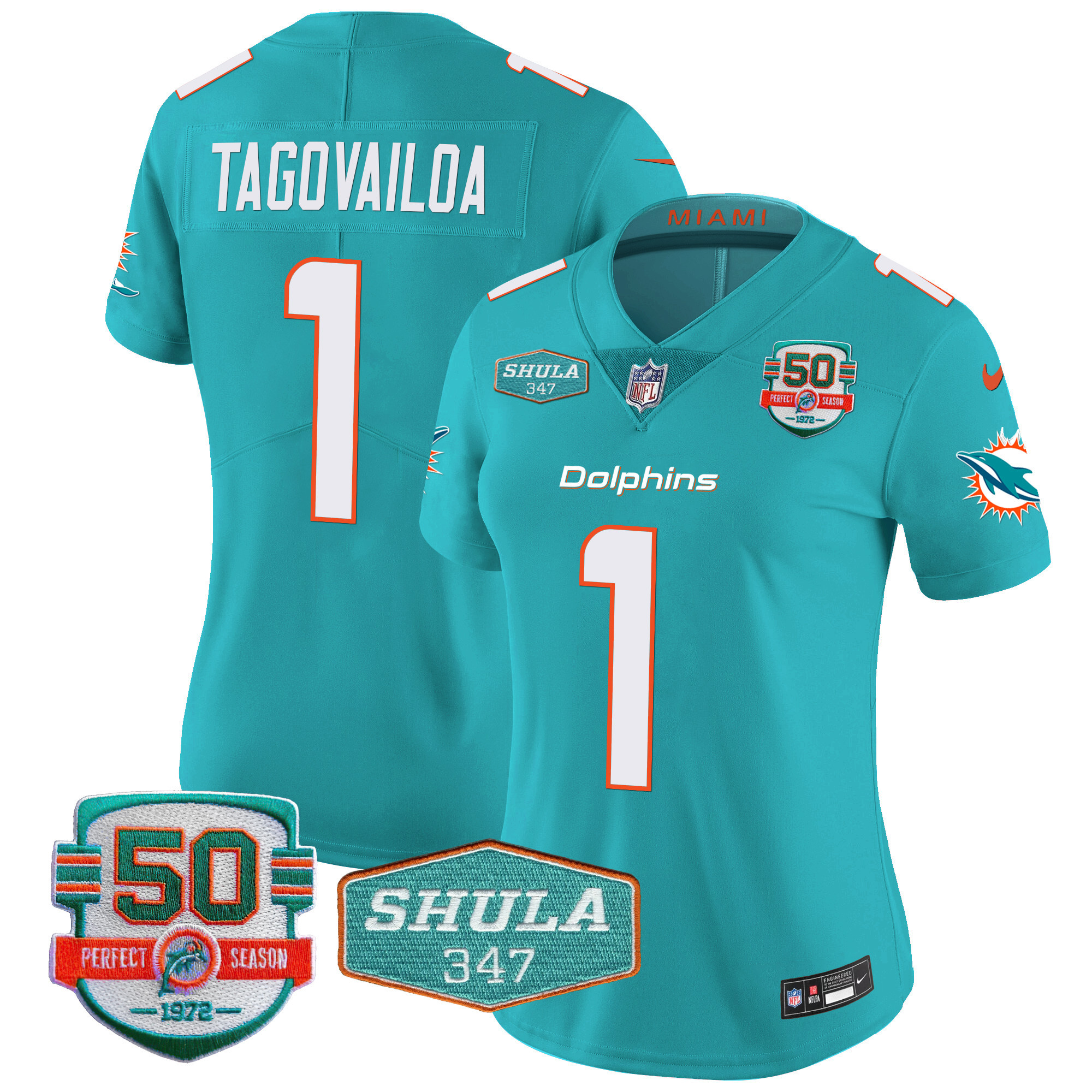 Tua Tagovailoa Women's Miami Dolphins Shula 347 Patch Vapor Aqua Jersey - All Stitched