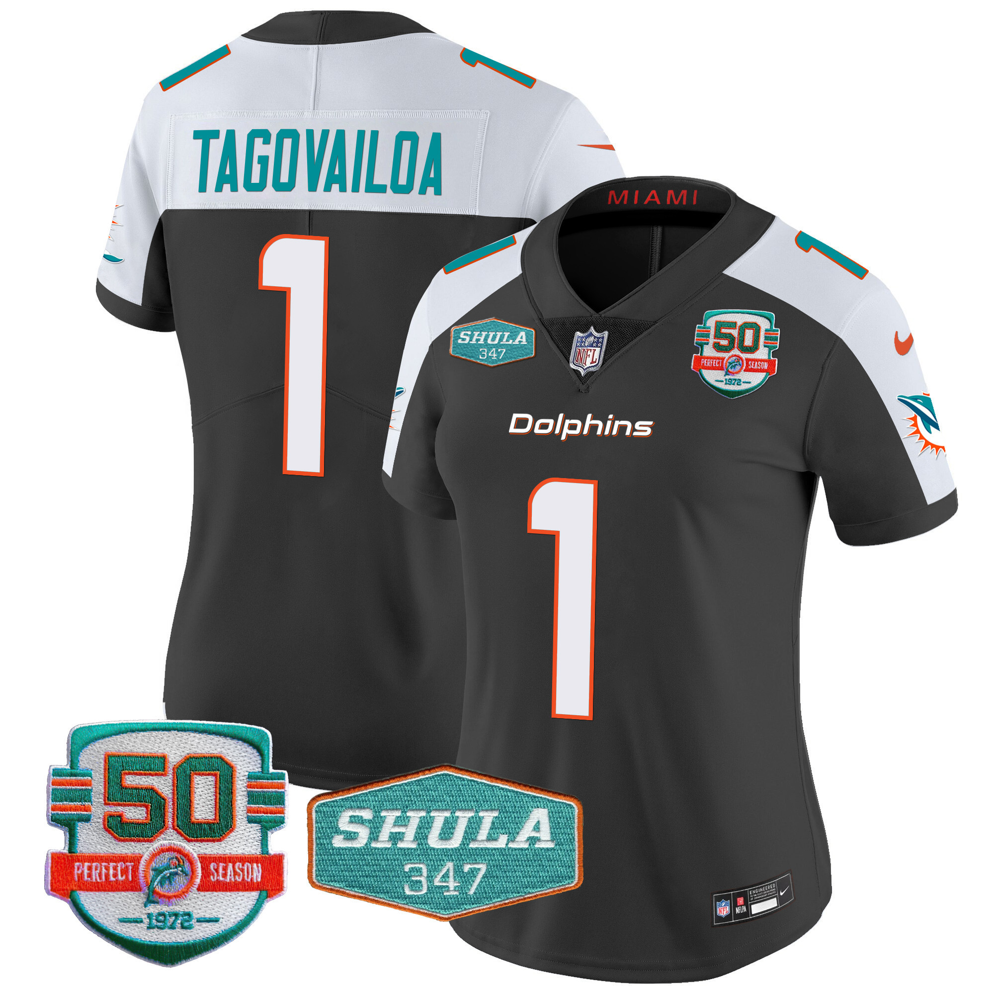 Tua Tagovailoa Women's Miami Dolphins Shula 347 Patch Vapor Black Alternate Jersey - All Stitched
