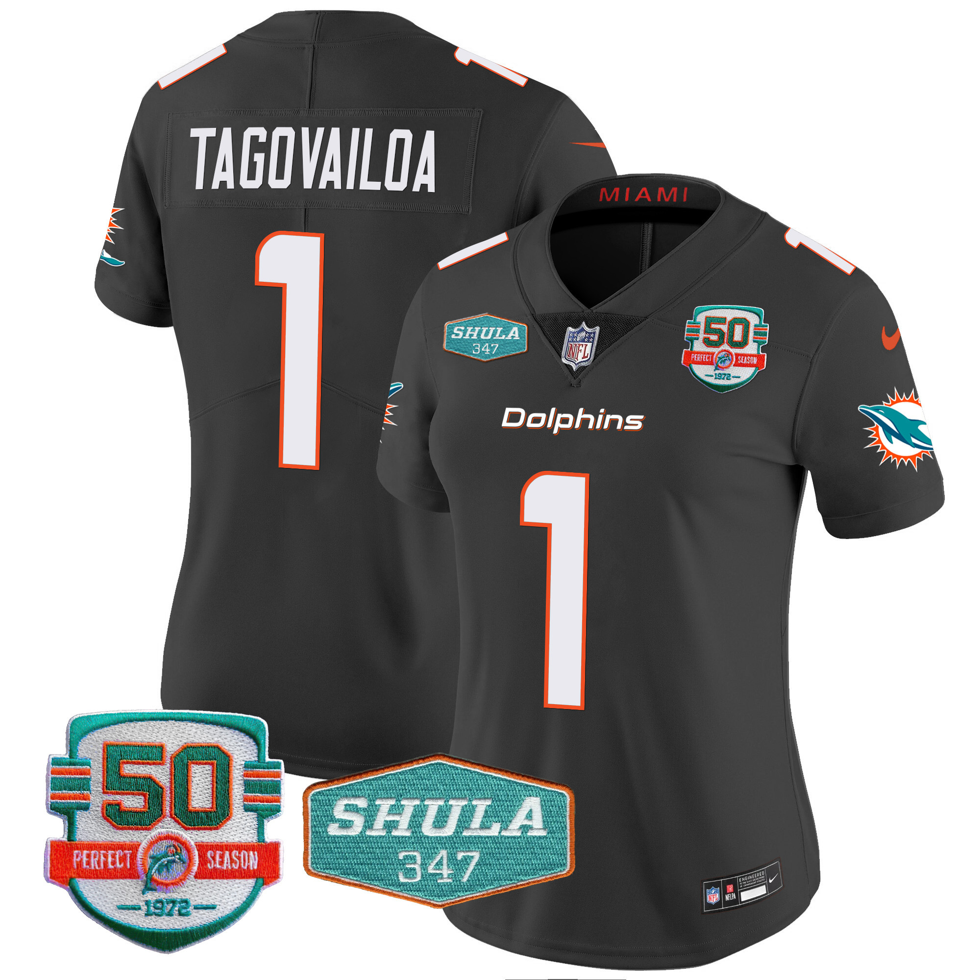 Tua Tagovailoa Women's Miami Dolphins Shula 347 Patch Vapor Black Jersey - All Stitched