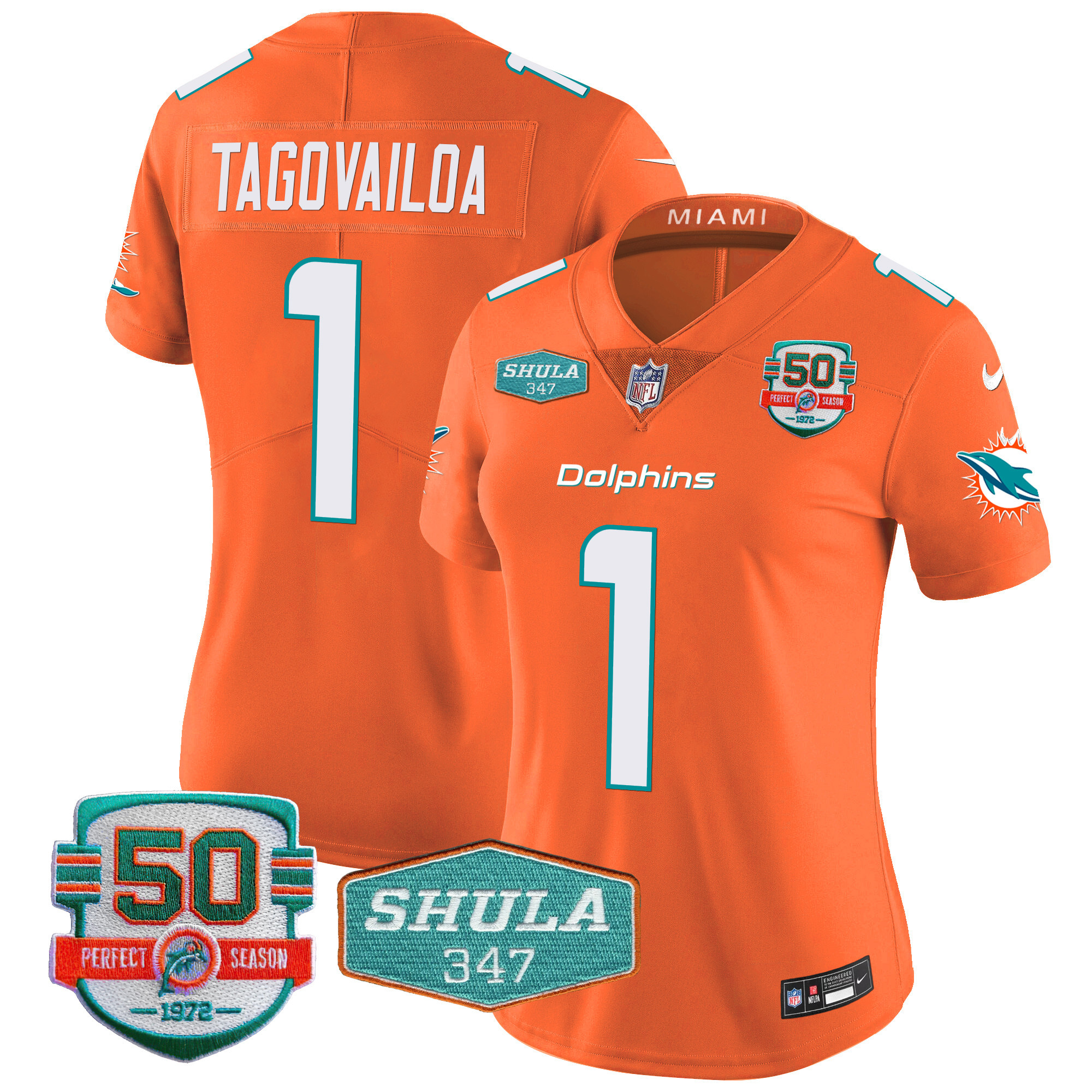 Tua Tagovailoa Women's Miami Dolphins Shula 347 Patch Vapor Orange Jersey - All Stitched