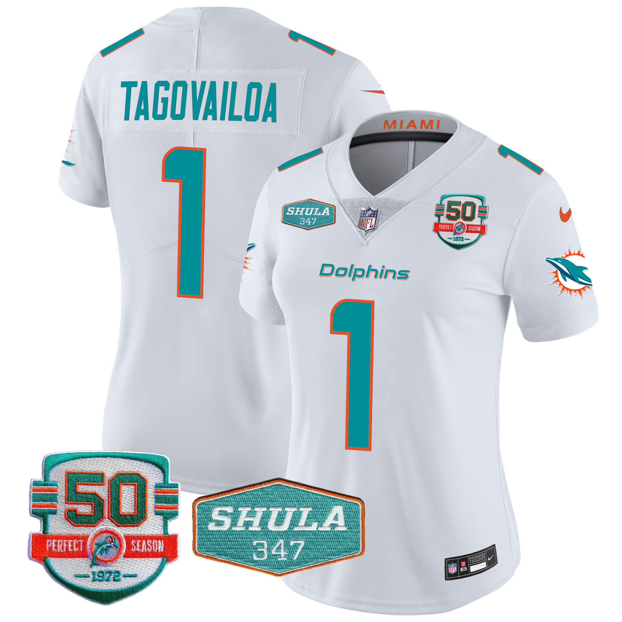 Tua Tagovailoa Women's Miami Dolphins Shula 347 Patch Vapor White Jersey - All Stitched