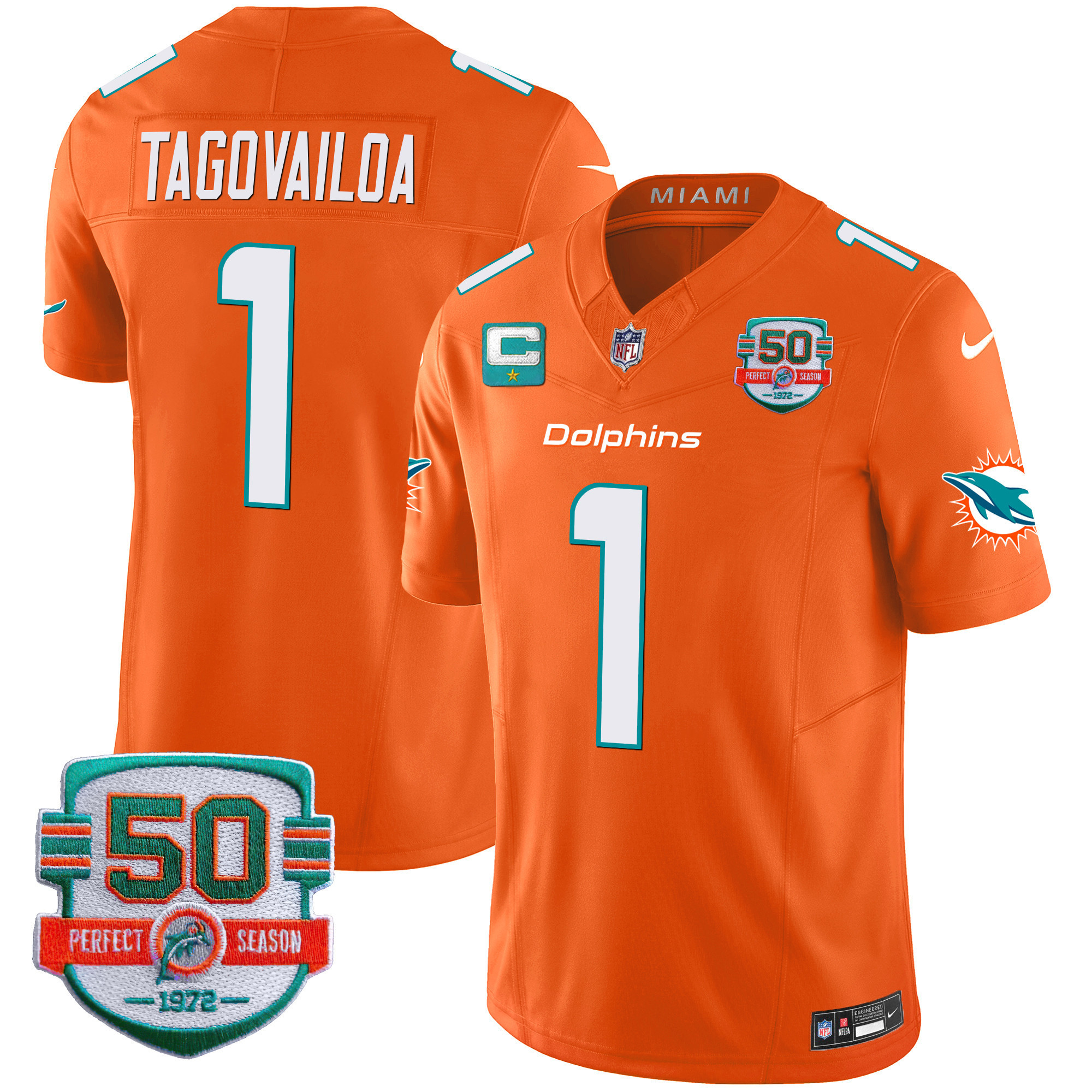 Tua Tagovailoa Youth's Miami Dolphins 50th 1972 Perfect Season Patch Vapor Orange Jersey - All Stitched