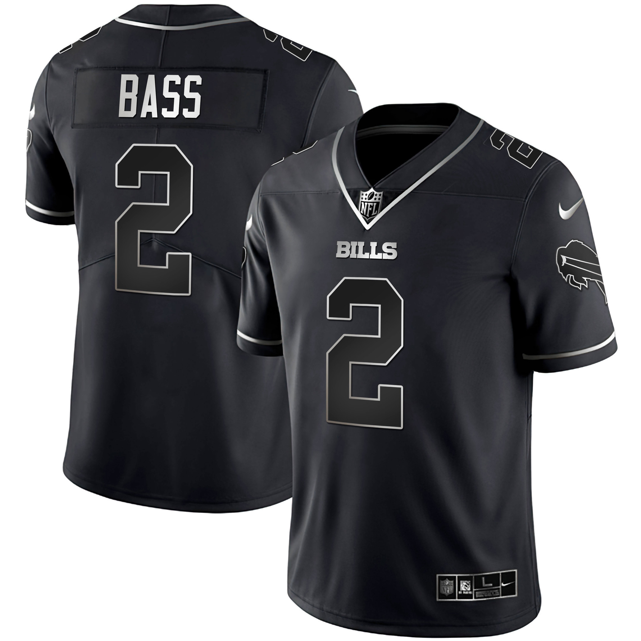 Tyler Bass Men's Buffalo Bills White Gold & Black Gold - All Stitched Black Silver Jersey - All Stitched