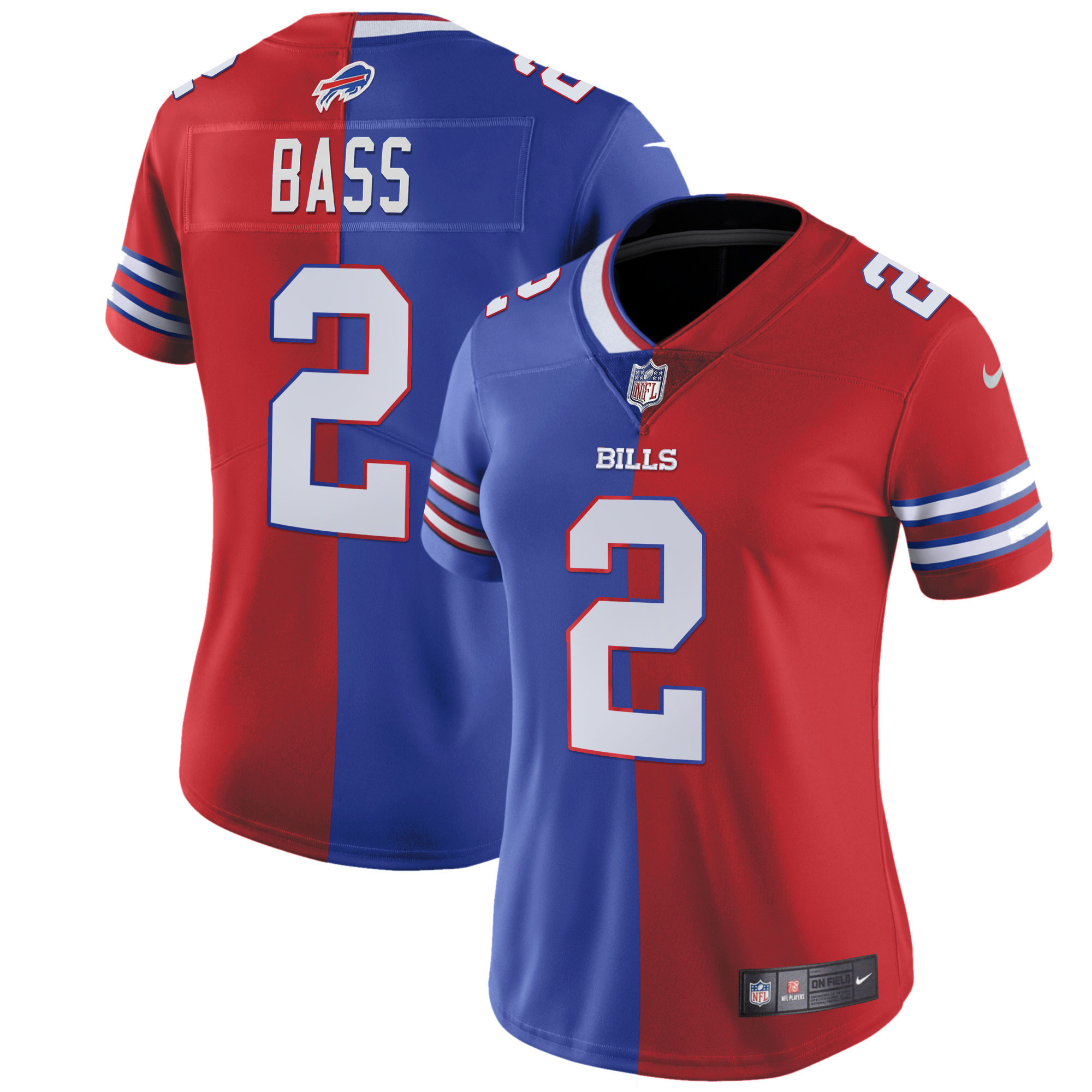 Tyler Bass Women's Buffalo Bills White Gold & Black Gold - All Stitched Split Royal Red Jersey - All Stitched