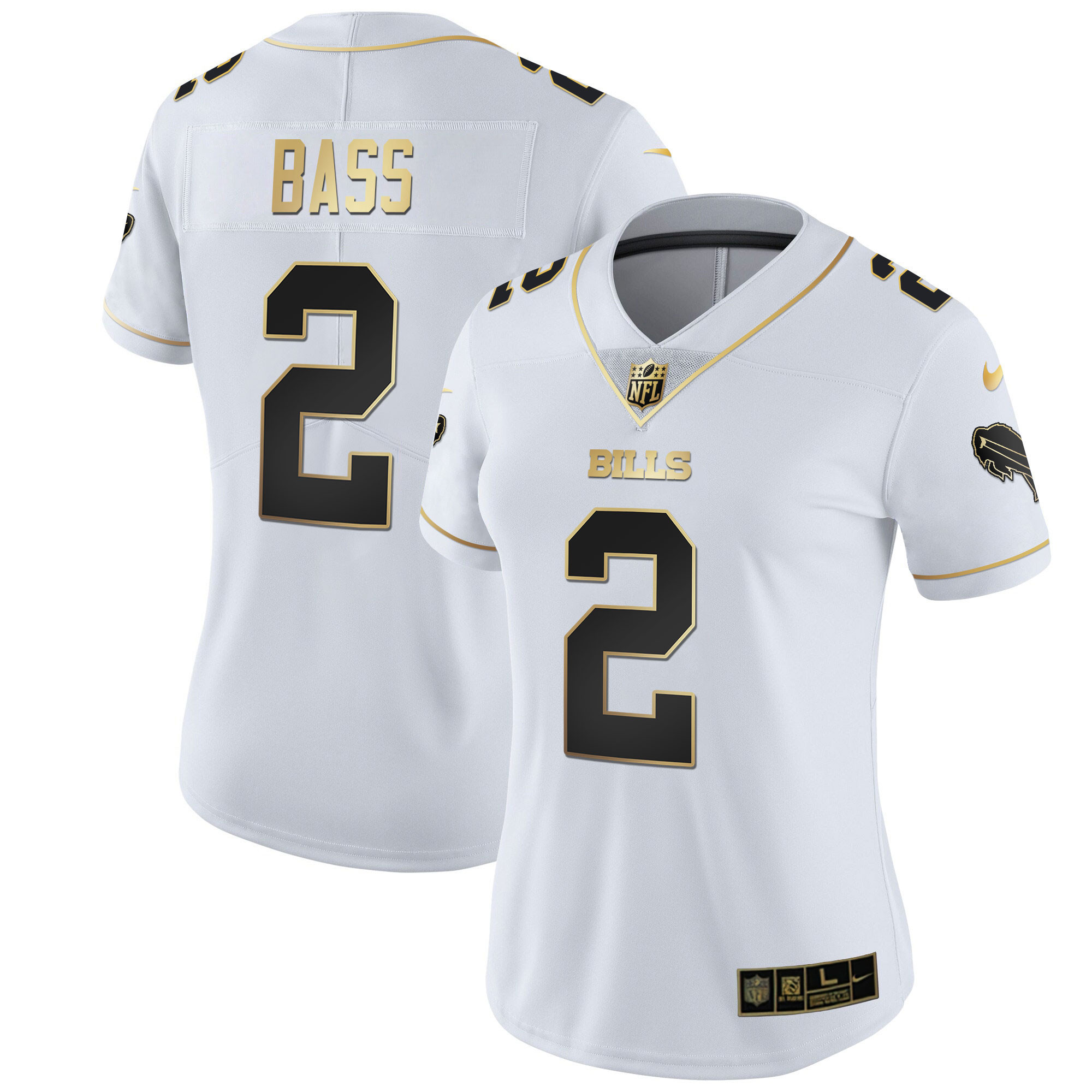 Tyler Bass Women's Buffalo Bills White Gold & Black Gold - All Stitched White Gold Jersey - All Stitched