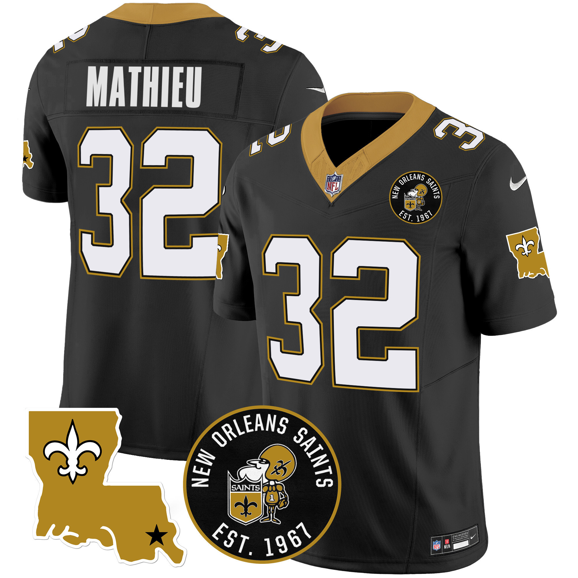 Tyrann Mathieu Men's New Orleans Saints EST. 1967 Patch Vapor Black Jersey - All Stitched