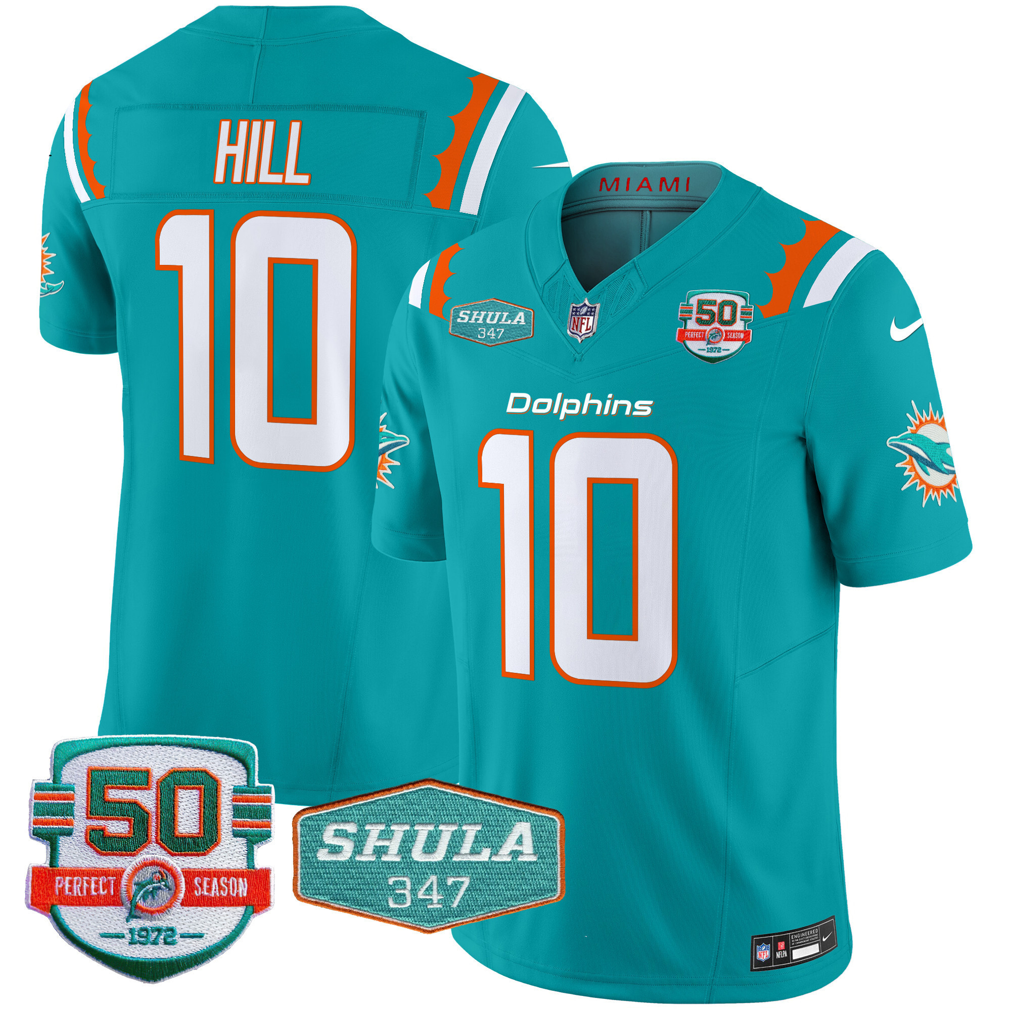 Tyreek Hill Men's Miami Dolphins 50th & Don Shula 347 Memorial Patch Vapor Limited Aqua Jersey - All Stitched
