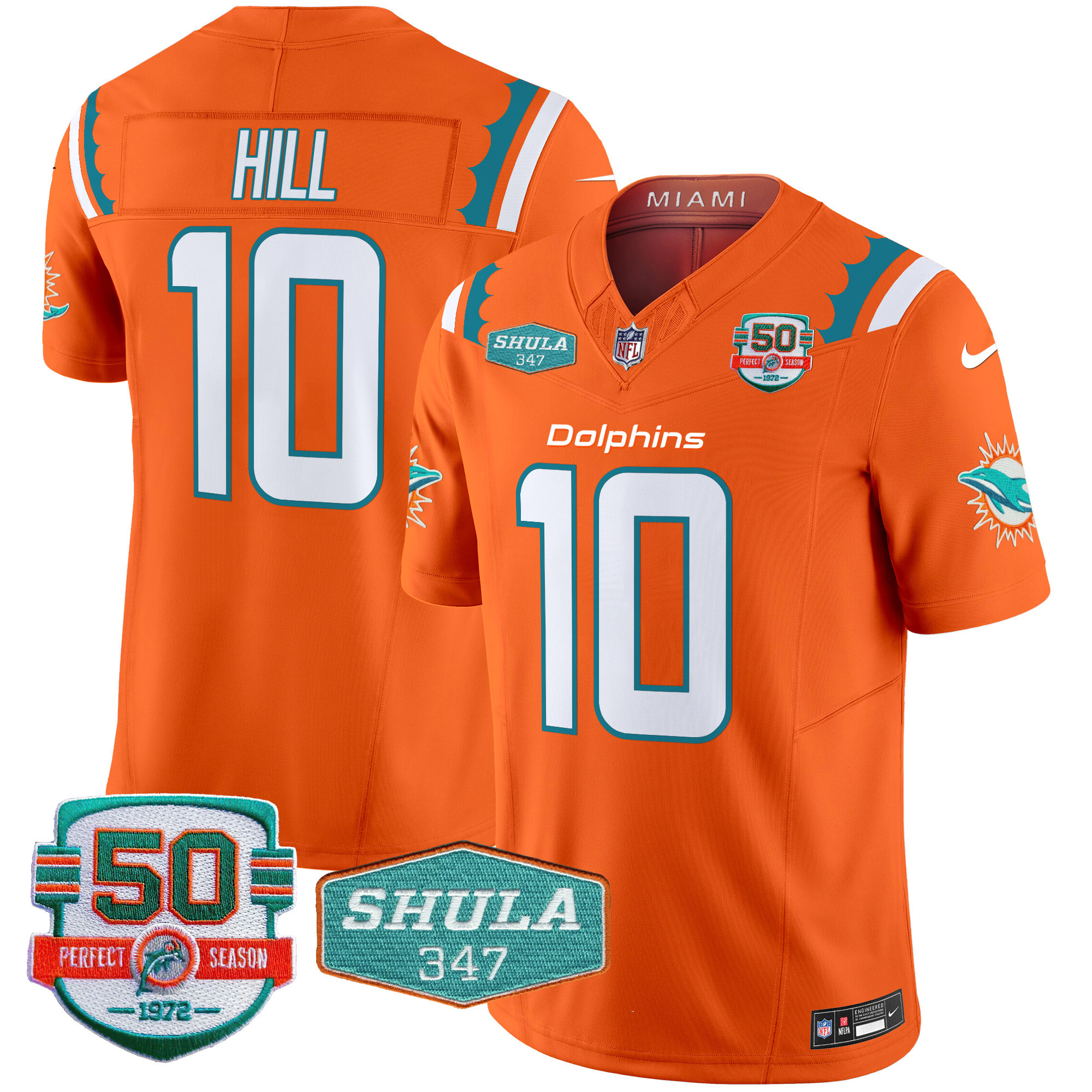 Tyreek Hill Men's Miami Dolphins 50th & Don Shula 347 Memorial Patch Vapor Limited Orange Jersey - All Stitched