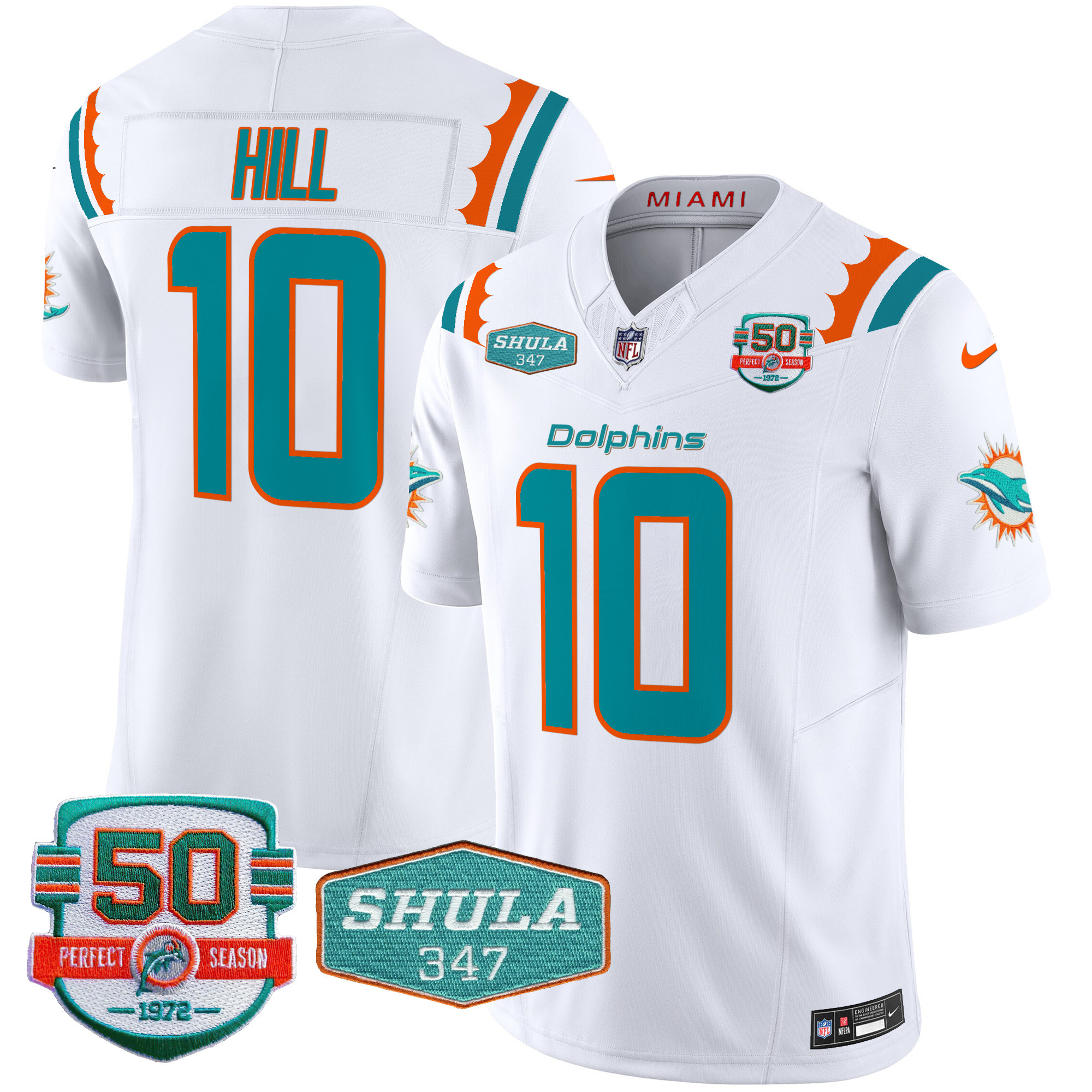 Tyreek Hill Men's Miami Dolphins 50th & Don Shula 347 Memorial Patch Vapor Limited White Jersey - All Stitched