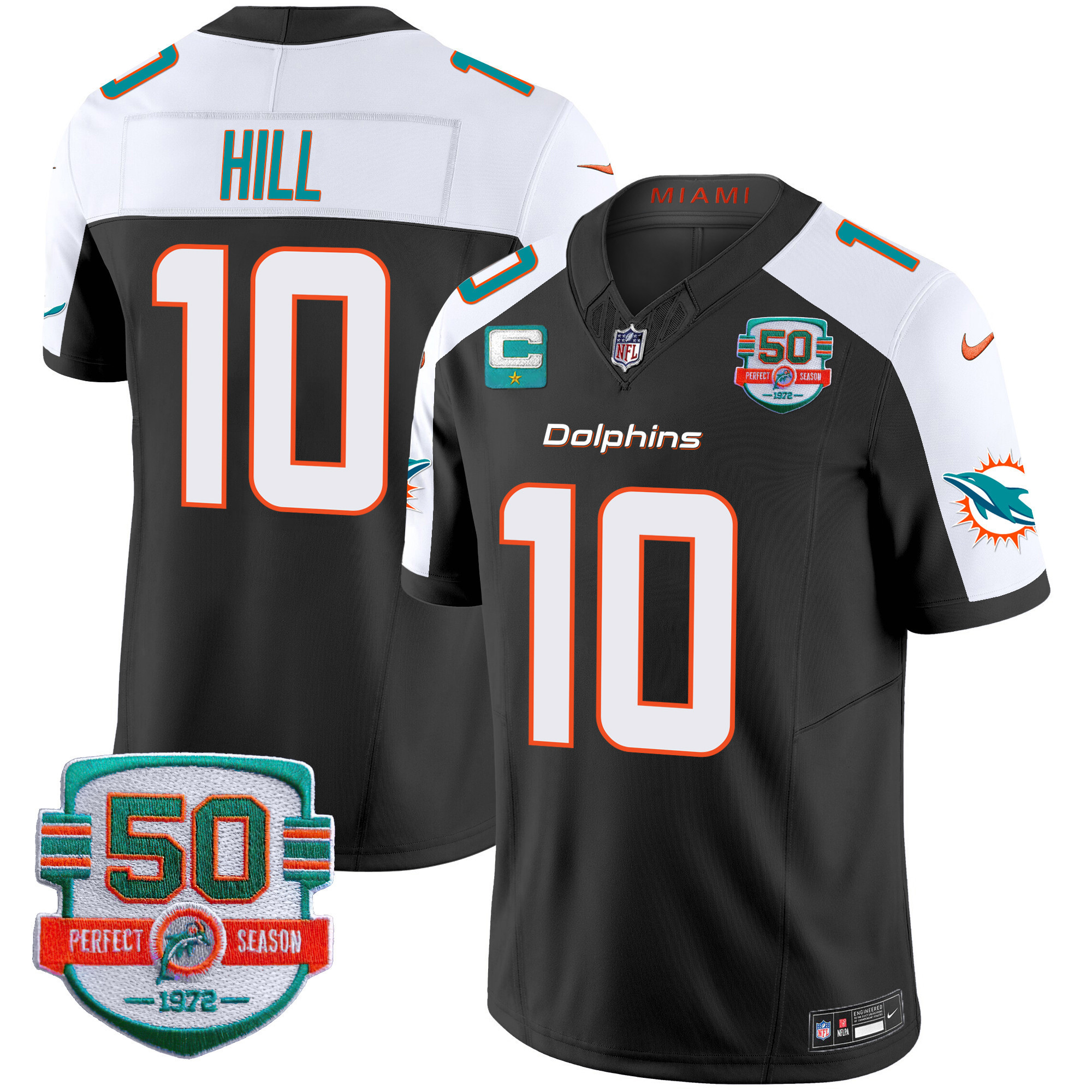 Tyreek Hill Men's Miami Dolphins 50th 1972 Perfect Season Patch Vapor Black Alternate Jersey - All Stitched