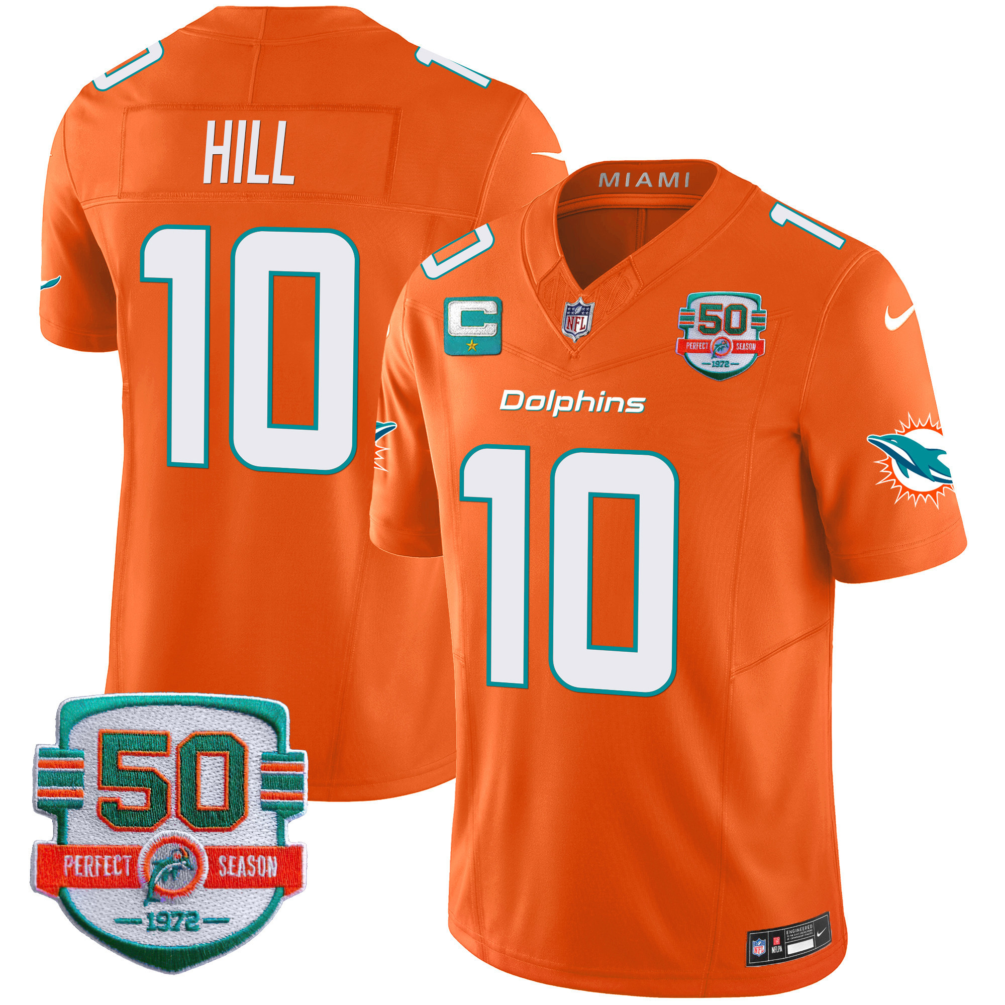 Tyreek Hill Men's Miami Dolphins 50th 1972 Perfect Season Patch Vapor Orange Jersey - All Stitched